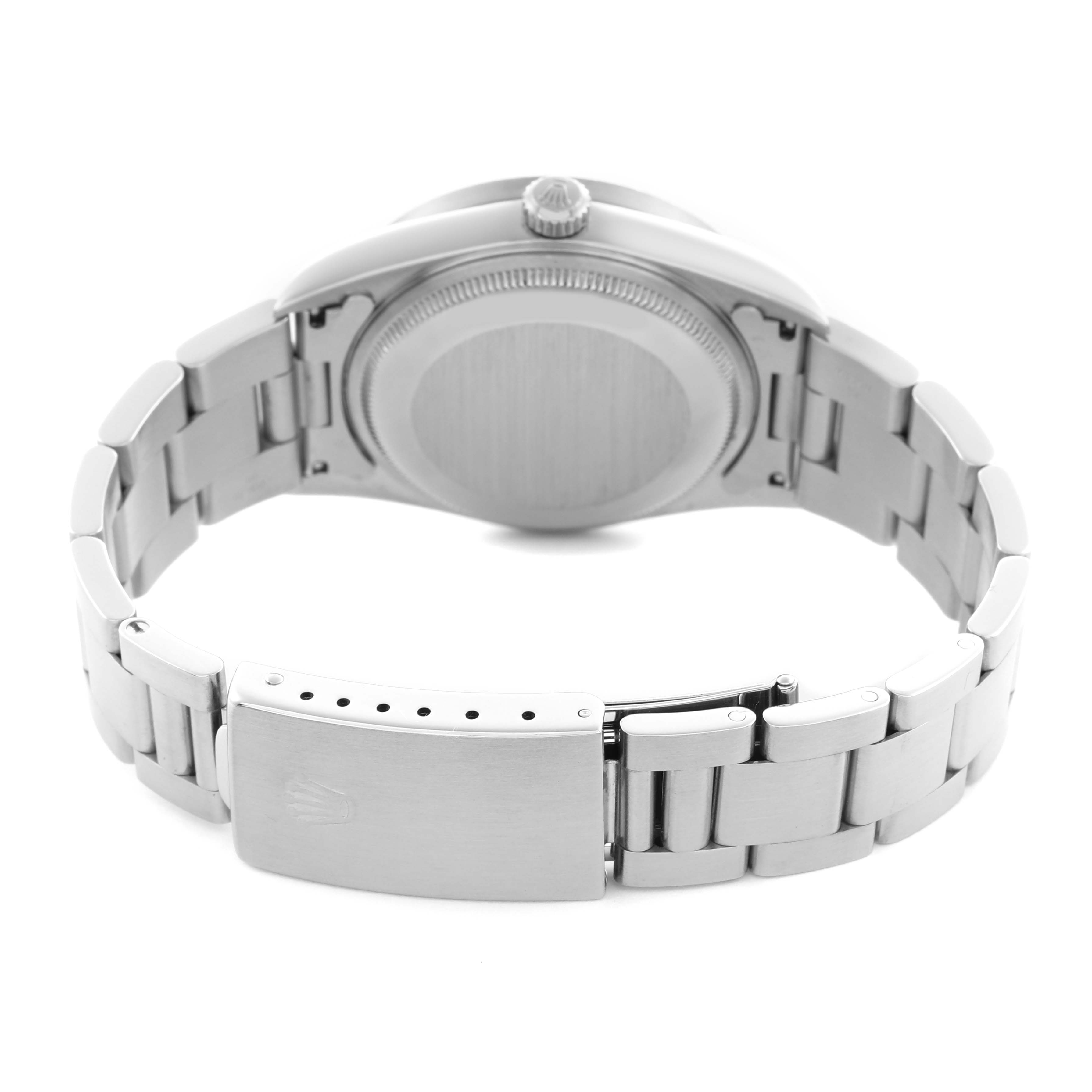 The Rolex Air-King 14010 Men's Stainless Steel Blue Dial 14010 Men's Stainless Steel Blue Dial watch is shown from the back, displaying the case back, bracelet, and clasp.