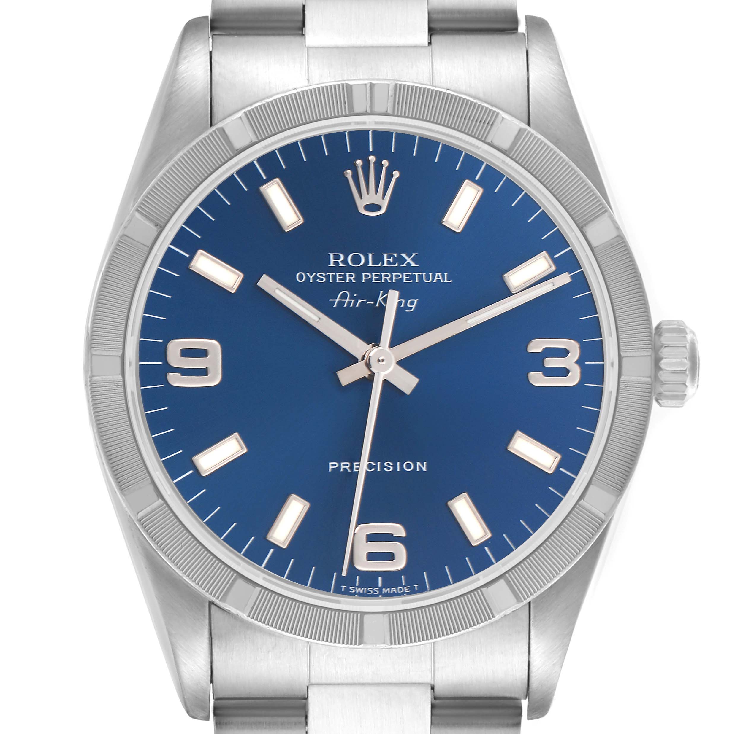 The Rolex Air-King 14010 Men's Stainless Steel Blue Dial 14010 Men's Stainless Steel Blue Dial watch is shown from a front angle, displaying the blue dial, hands, markers, and part of the bracelet.