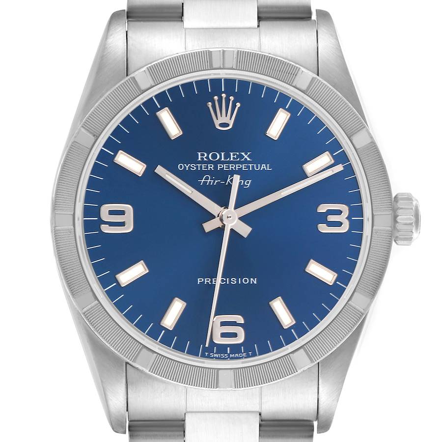 The Rolex Air-King watch is shown from a front angle, displaying the blue dial, hands, markers, and part of the bracelet.