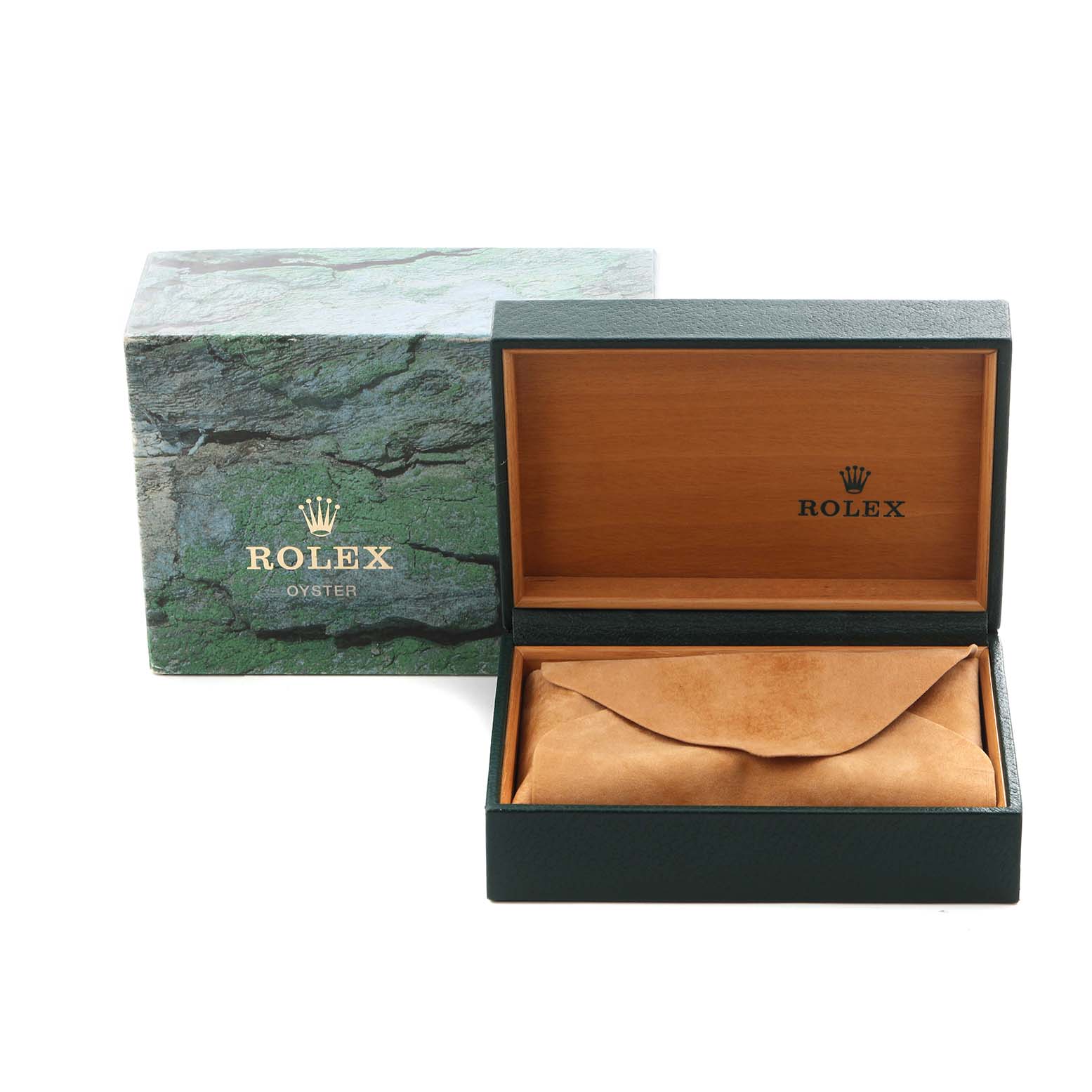 The image shows a Rolex Air-King 14010 Men's Stainless Steel Blue Dial 14010 Men's Stainless Steel Blue Dial watch box and sleeve, with the box open, displaying the interior.