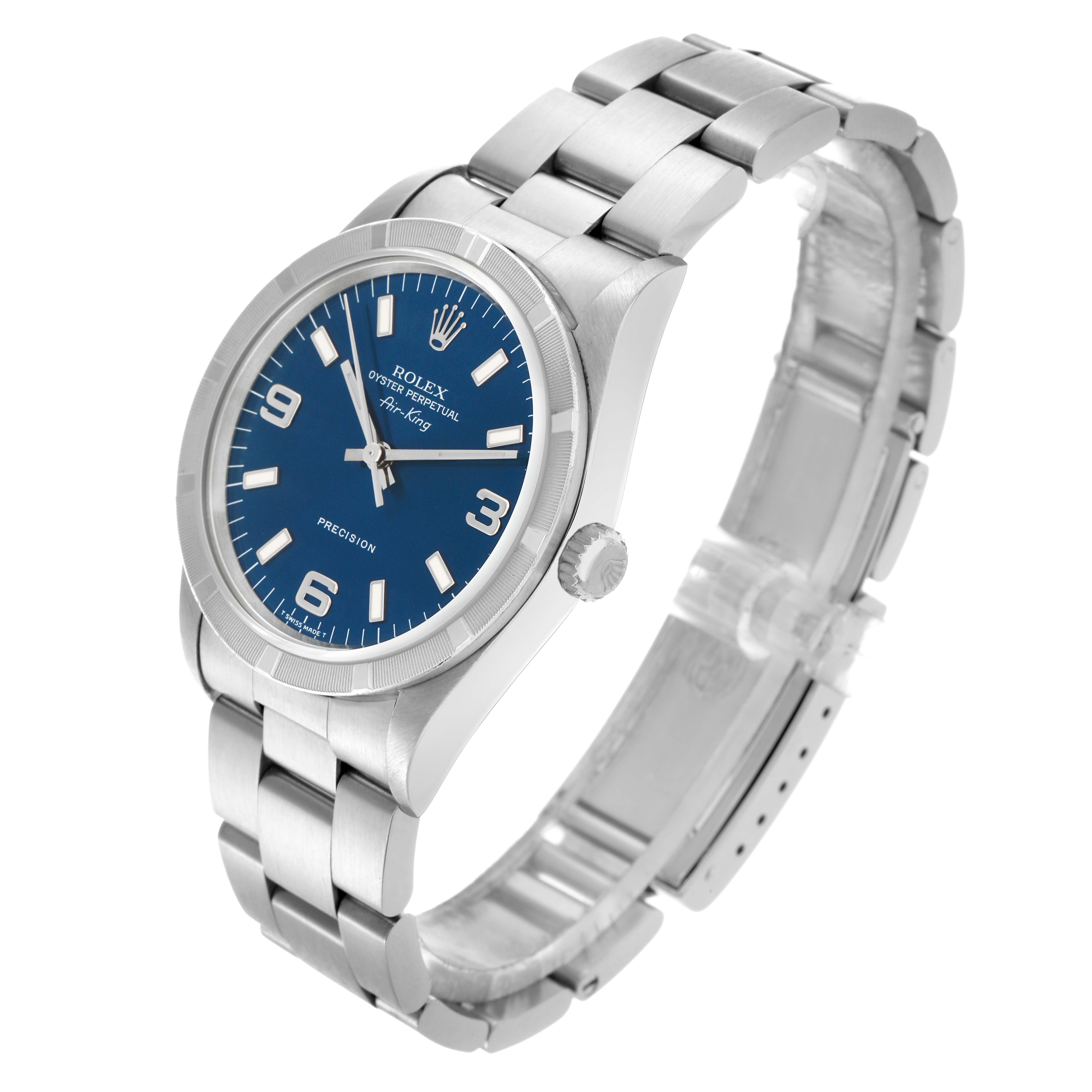 The Rolex Air-King 14010 Men's Stainless Steel Blue Dial 14010 Men's Stainless Steel Blue Dial watch is shown at a three-quarter angle, highlighting the face, crown, and bracelet.