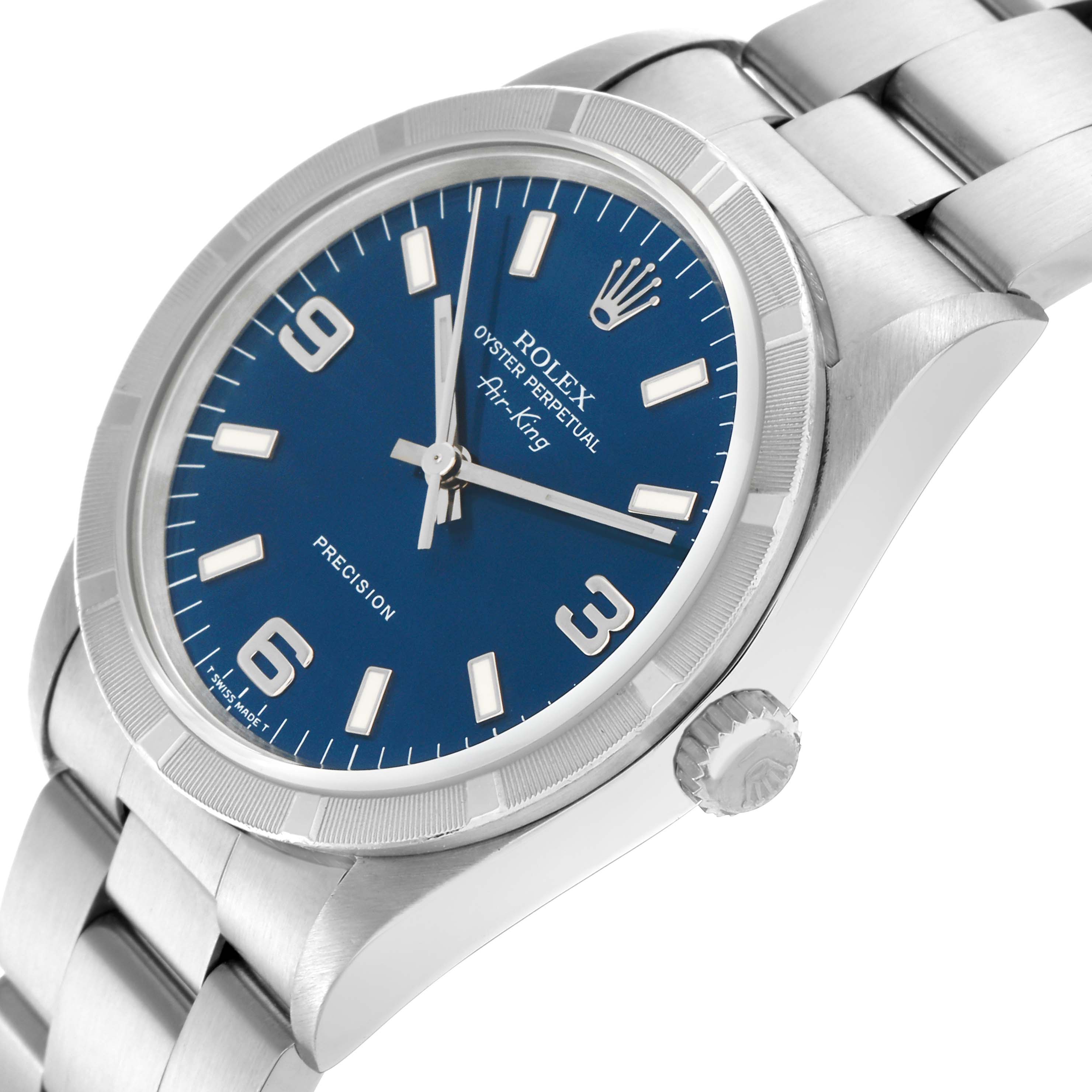 The Rolex Air-King 14010 Men's Stainless Steel Blue Dial 14010 Men's Stainless Steel Blue Dial watch is shown at a side angle, highlighting the blue dial, bezel, crown, and part of the bracelet.