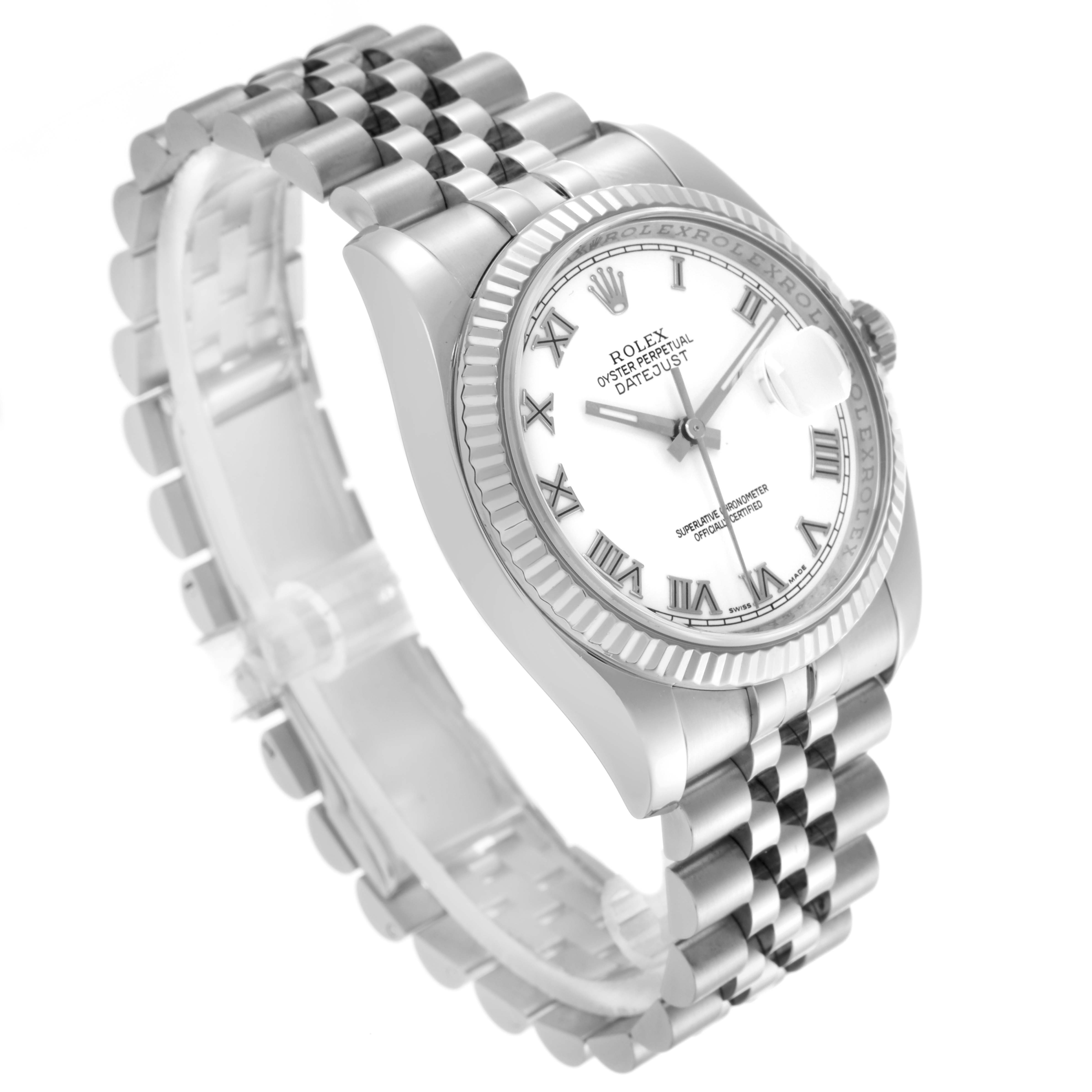 The Rolex Datejust 116234 Men's Stainless Steel White Dial 116234 Men's Stainless Steel White Dial watch is shown at a slight angle, highlighting its dial, bezel, and bracelet.