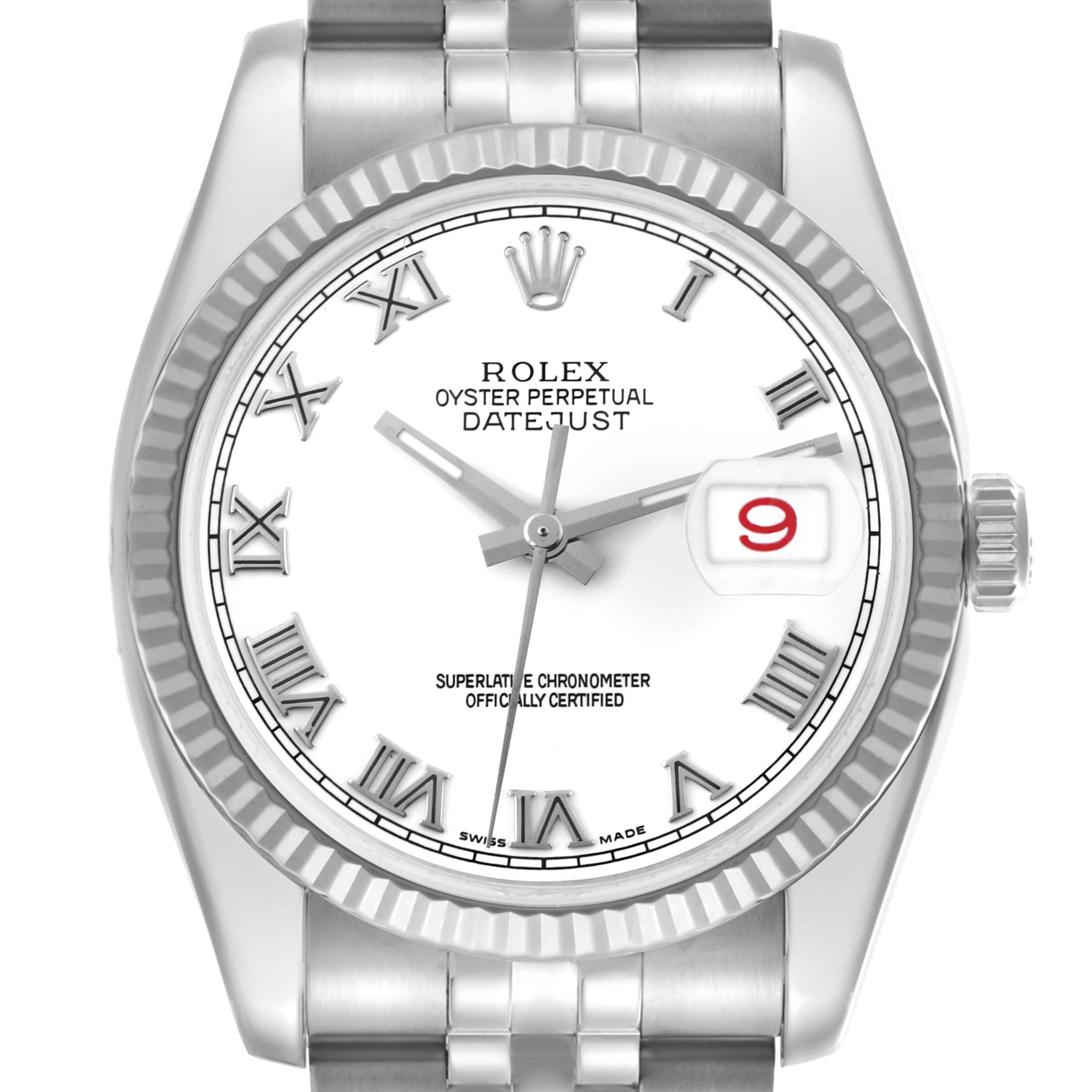 The Rolex Datejust 116234 Men's Stainless Steel White Dial 116234 Men's Stainless Steel White Dial watch is shown from the front, displaying its dial, fluted bezel, crown, and Oyster bracelet.