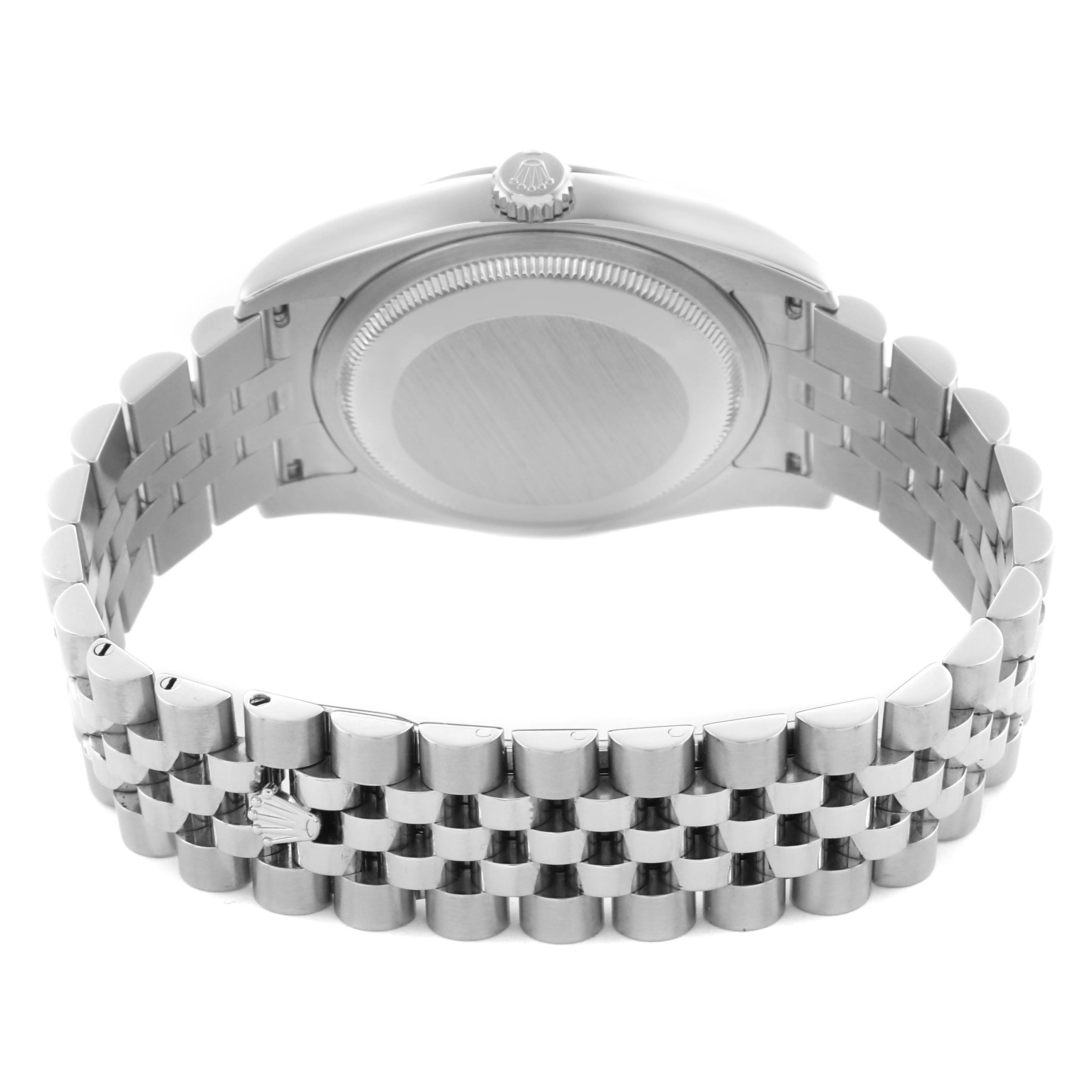 The image shows the back view of a Rolex Datejust 116234 Men's Stainless Steel White Dial 116234 Men's Stainless Steel White Dial watch, highlighting the bracelet, clasp, and case back.