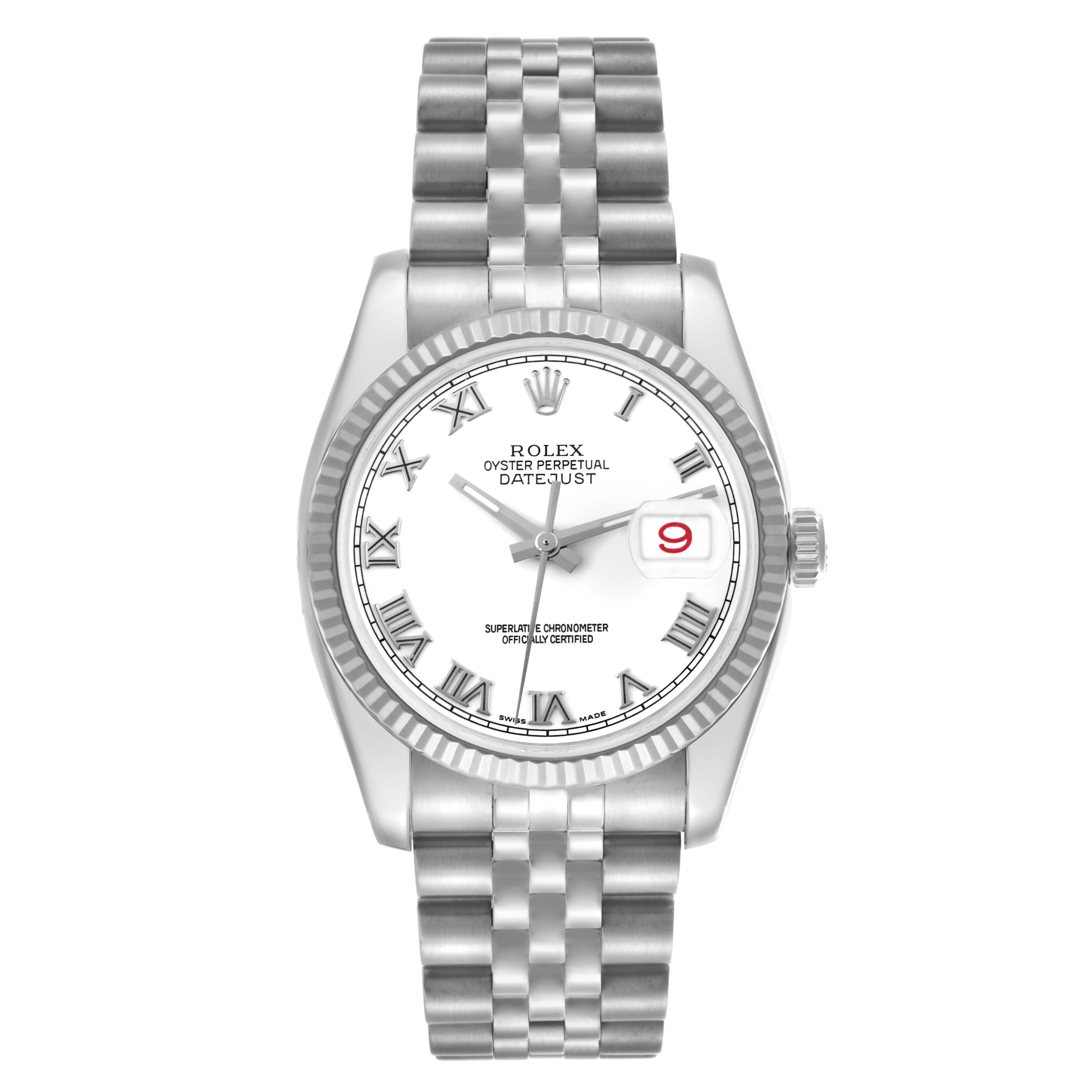 The Rolex Datejust 116234 Men's Stainless Steel White Dial 116234 Men's Stainless Steel White Dial watch is shown from a front angle, displaying the dial, bezel, crown, and bracelet.