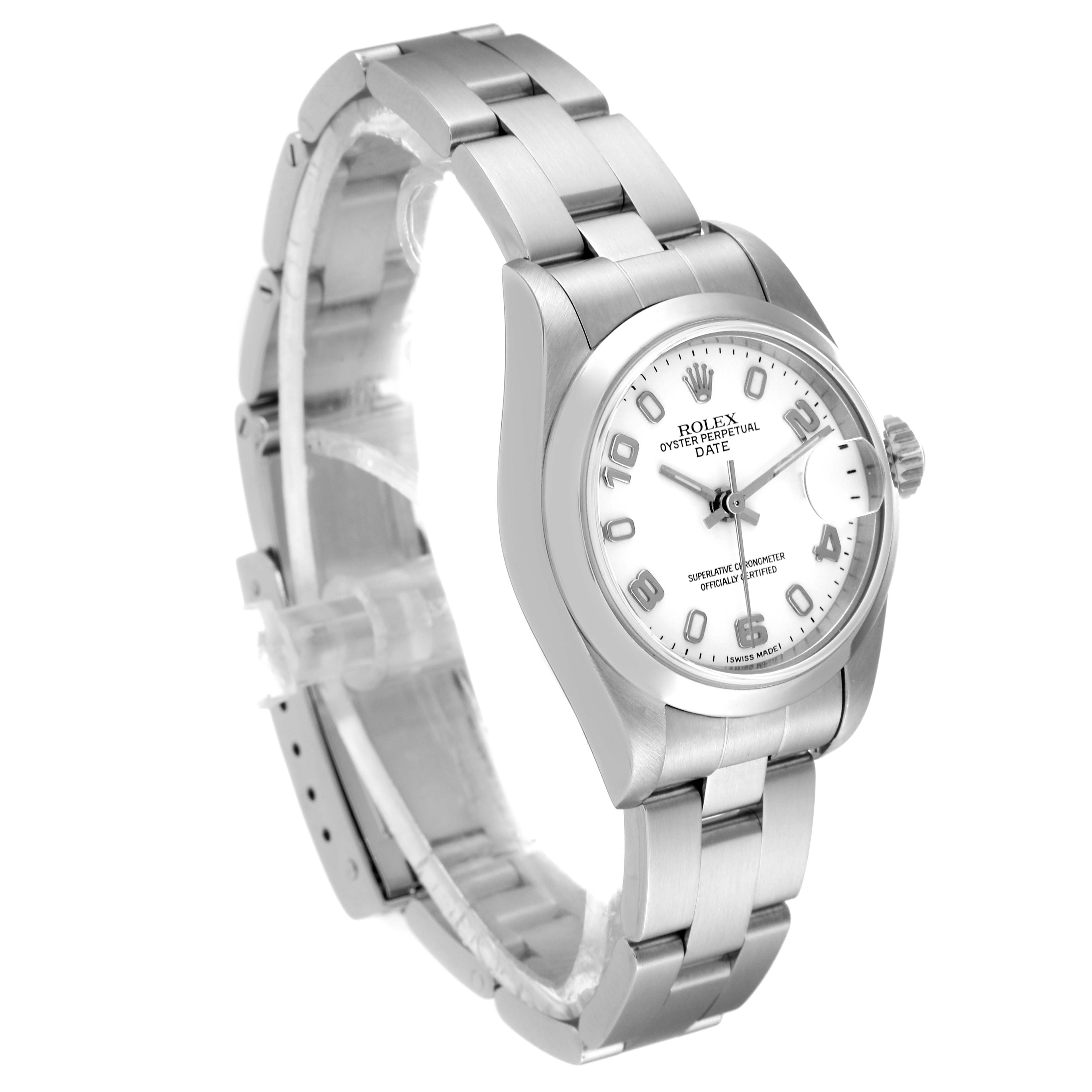 The image shows a side and front angle view of a Rolex Date 79160 Women
s Stainless Steel White Dial 79160 Women
s Stainless Steel White Dial model watch, highlighting its bracelet, case, and dial.