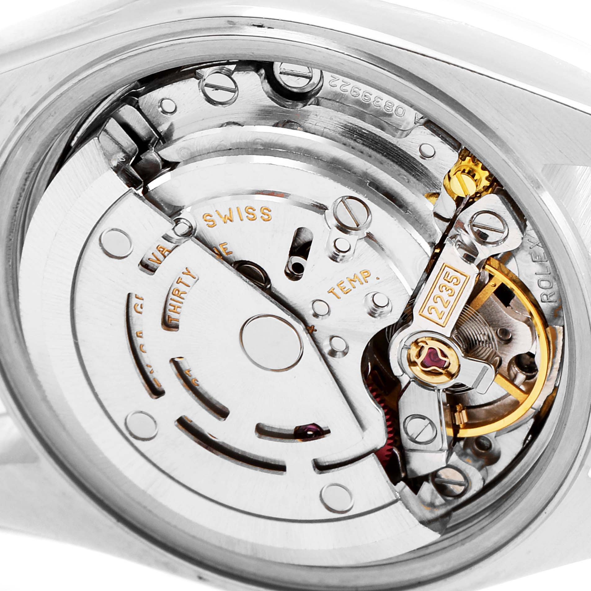 This image shows a close-up view of the movement inside a Rolex Date 79160 Women
s Stainless Steel White Dial 79160 Women
s Stainless Steel White Dial model watch.