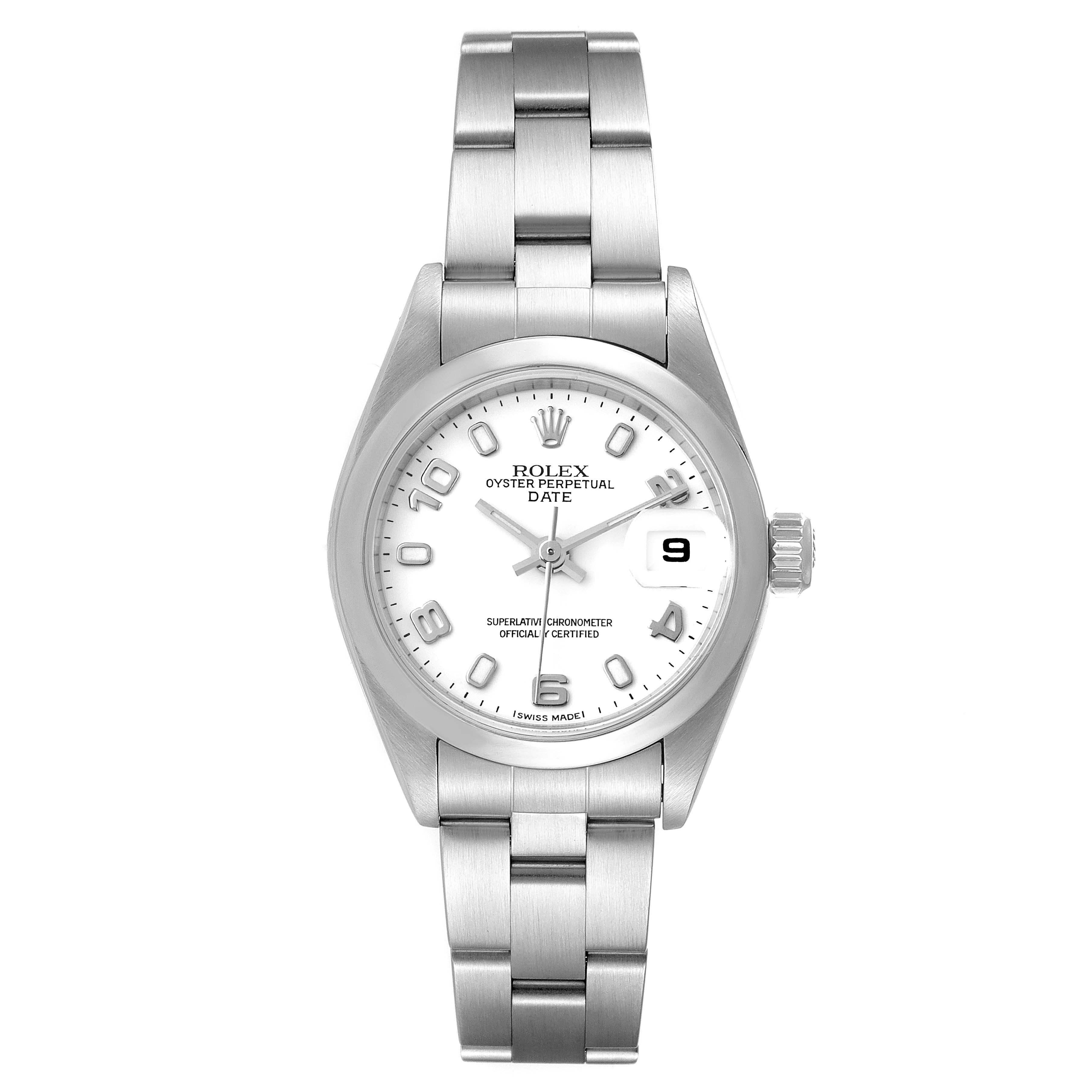 The image shows a front view of the Rolex Date 79160 Women
s Stainless Steel White Dial 79160 Women
s Stainless Steel White Dial model watch, displaying the dial, case, bracelet, and crown.