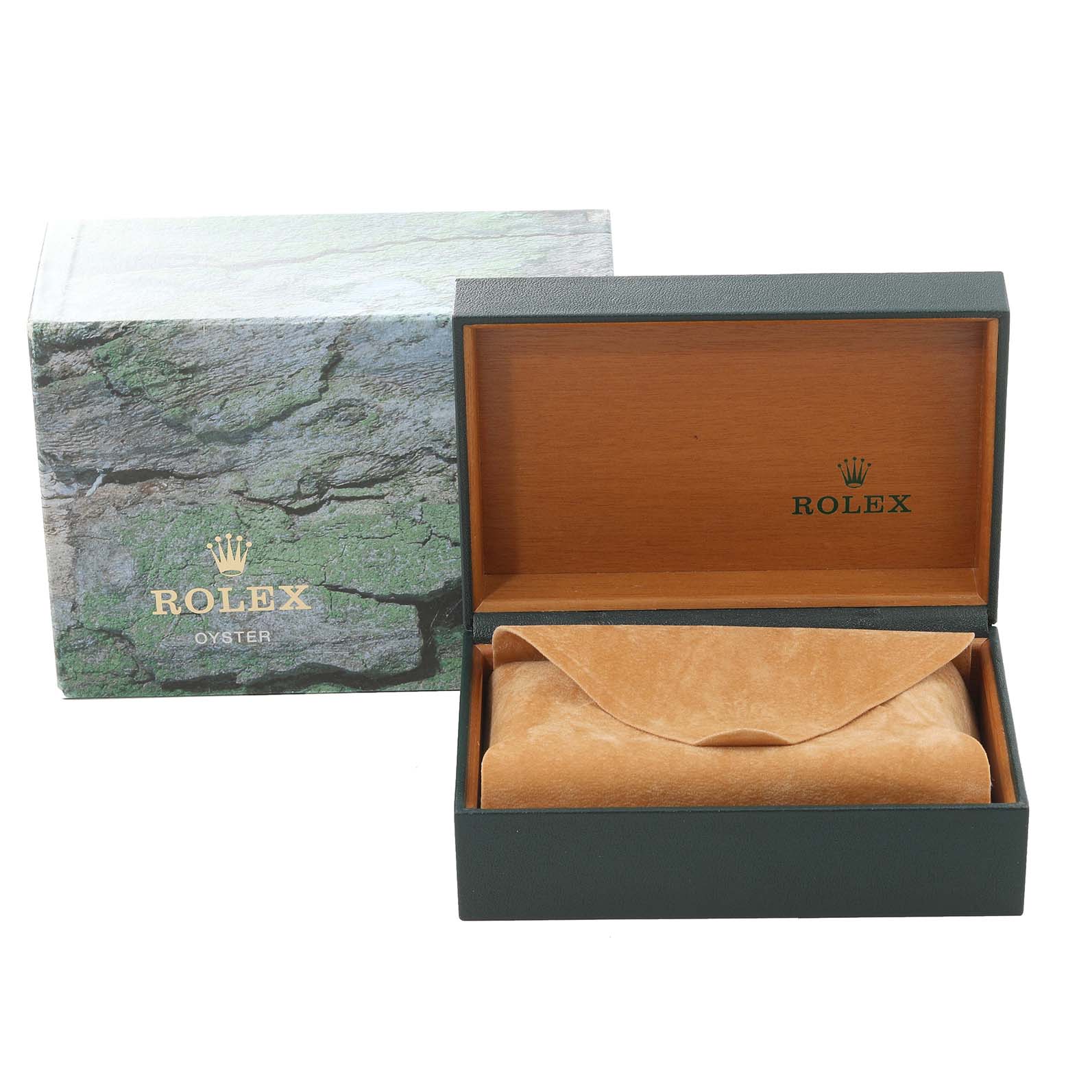 The image shows a Rolex Date 15210 Men's Stainless Steel Black Dial 15210 Men's Stainless Steel Black Dial model packaging, including an opened wooden box and an outer green marbled box.