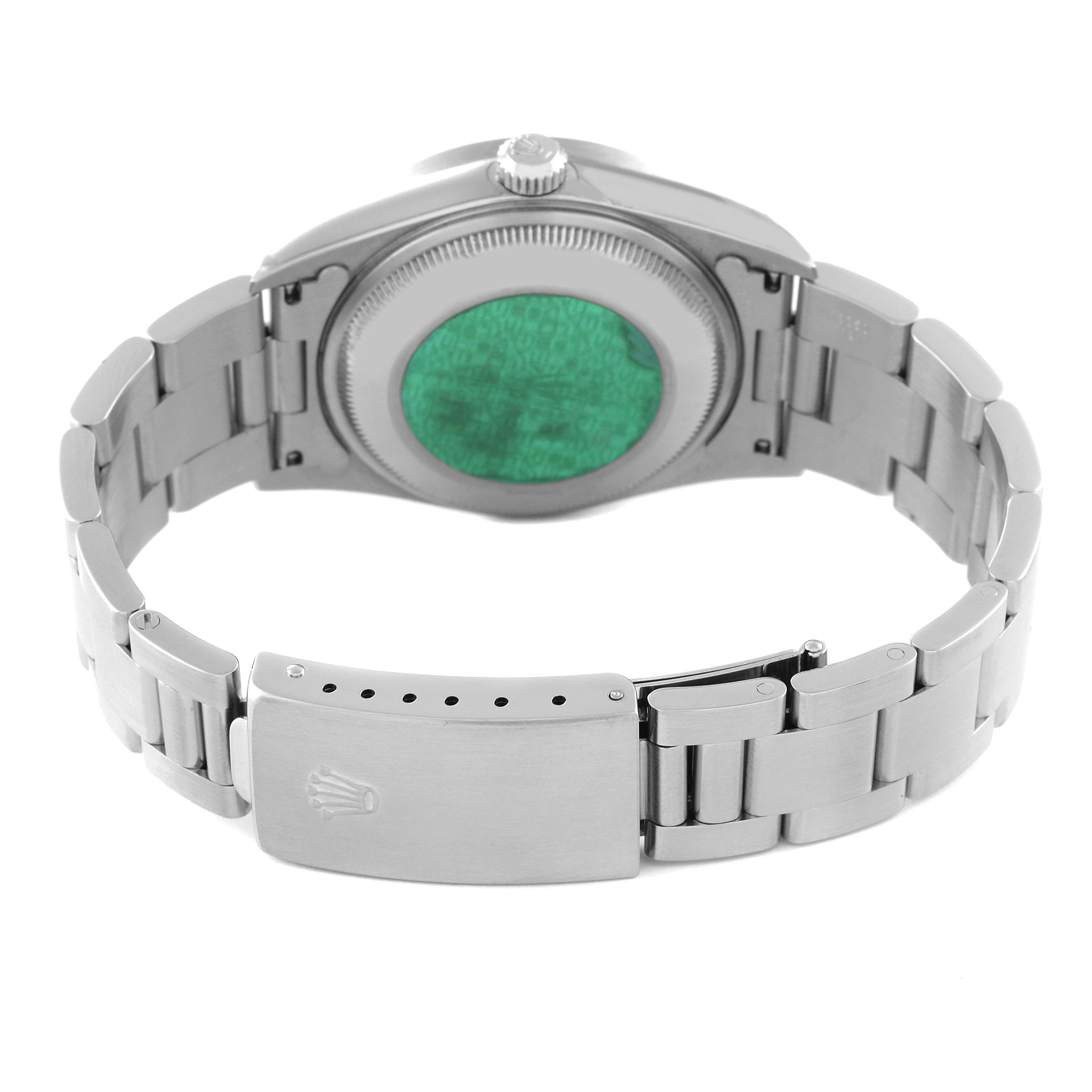 The image shows the back case and clasp of a Rolex Date 15210 Men's Stainless Steel Black Dial 15210 Men's Stainless Steel Black Dial model watch from a rear angle.