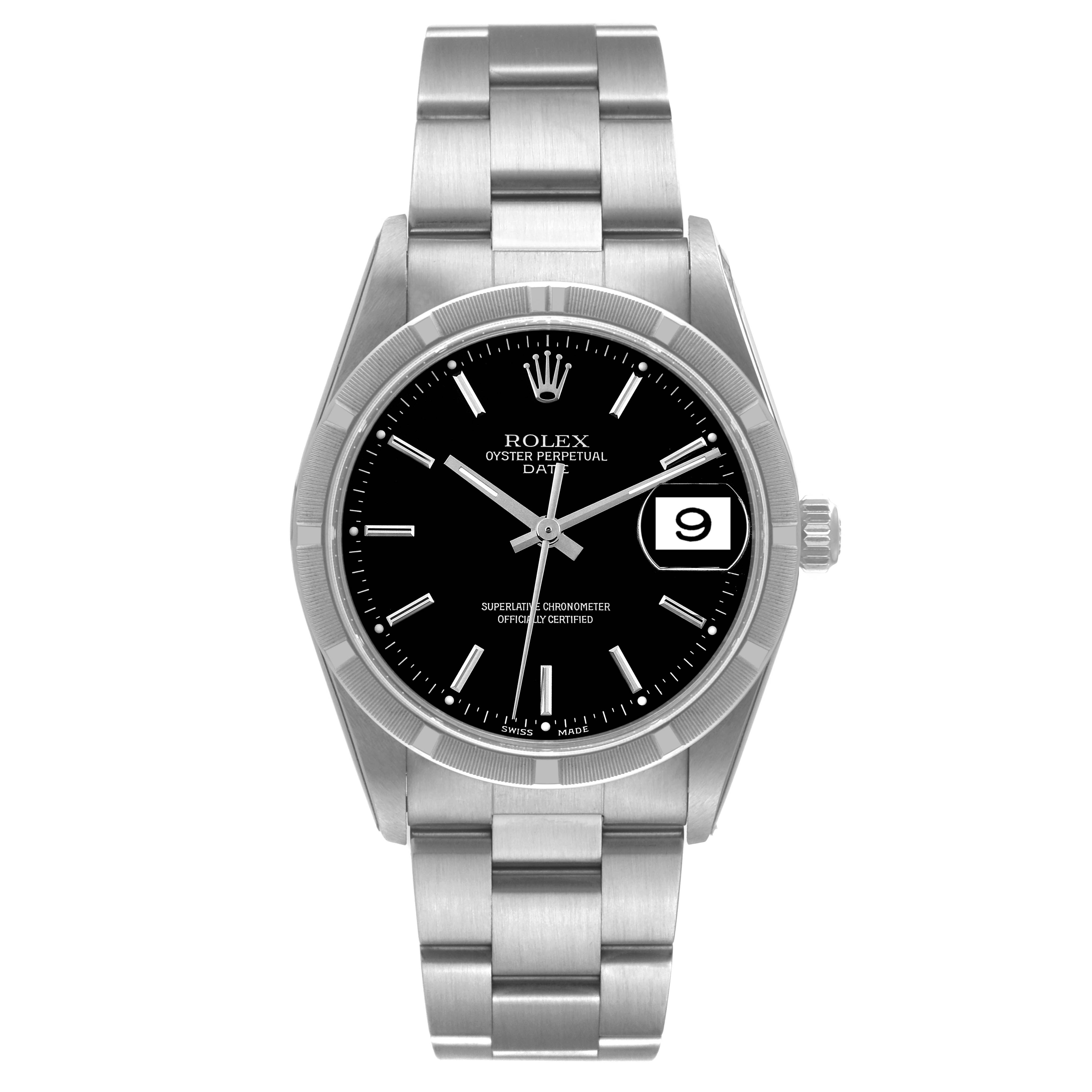 This image shows a front view of the Rolex Oyster Perpetual Date watch, displaying the dial, hands, date window, and bracelet.