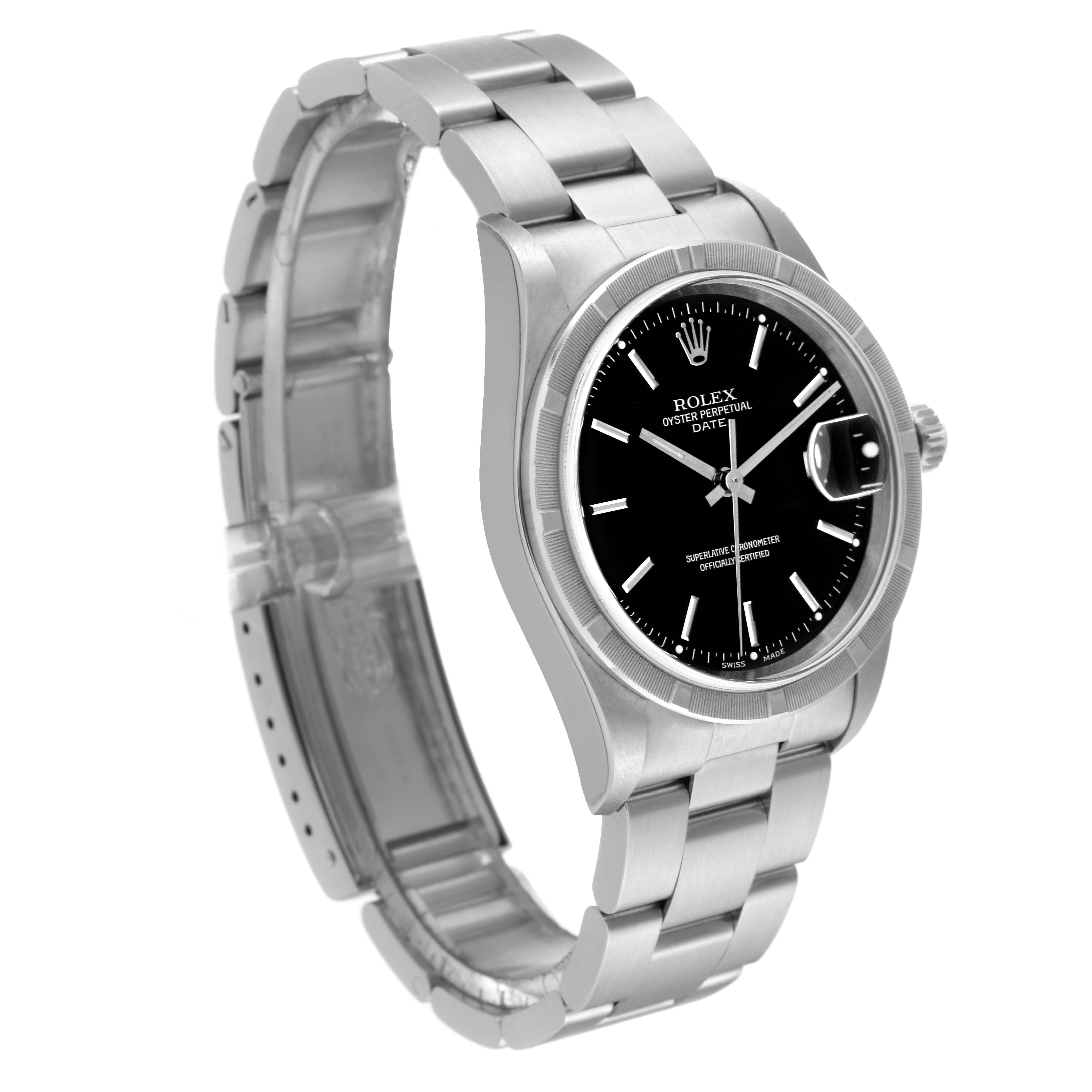 The Rolex Date 15210 Men's Stainless Steel Black Dial 15210 Men's Stainless Steel Black Dial model watch is shown at a three-quarter angle, displaying the bracelet, case, dial, and crown.