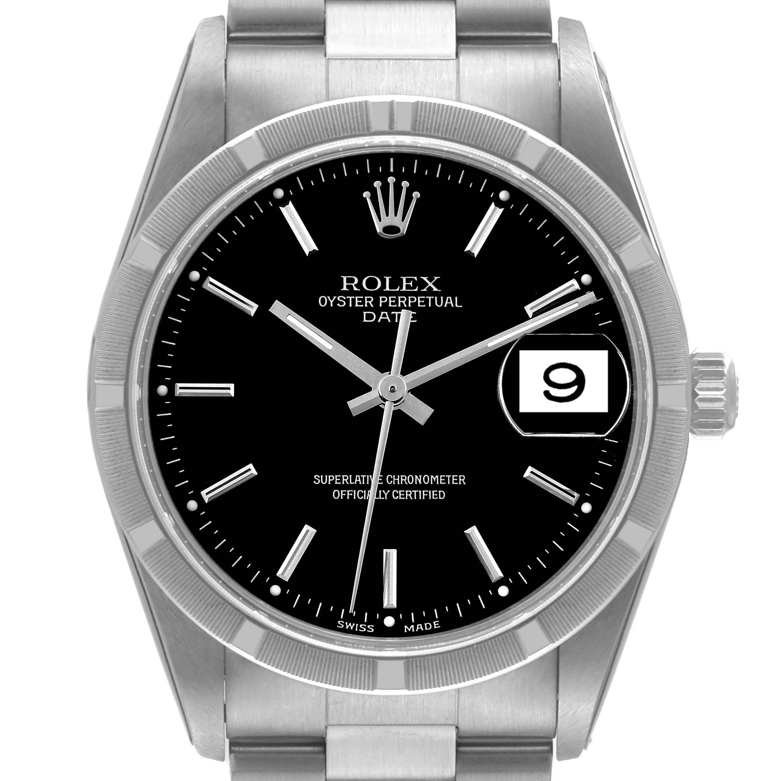 This image shows a frontal view of the Rolex Oyster Perpetual Date model watch, highlighting the dial, bezel, crown, and bracelet.