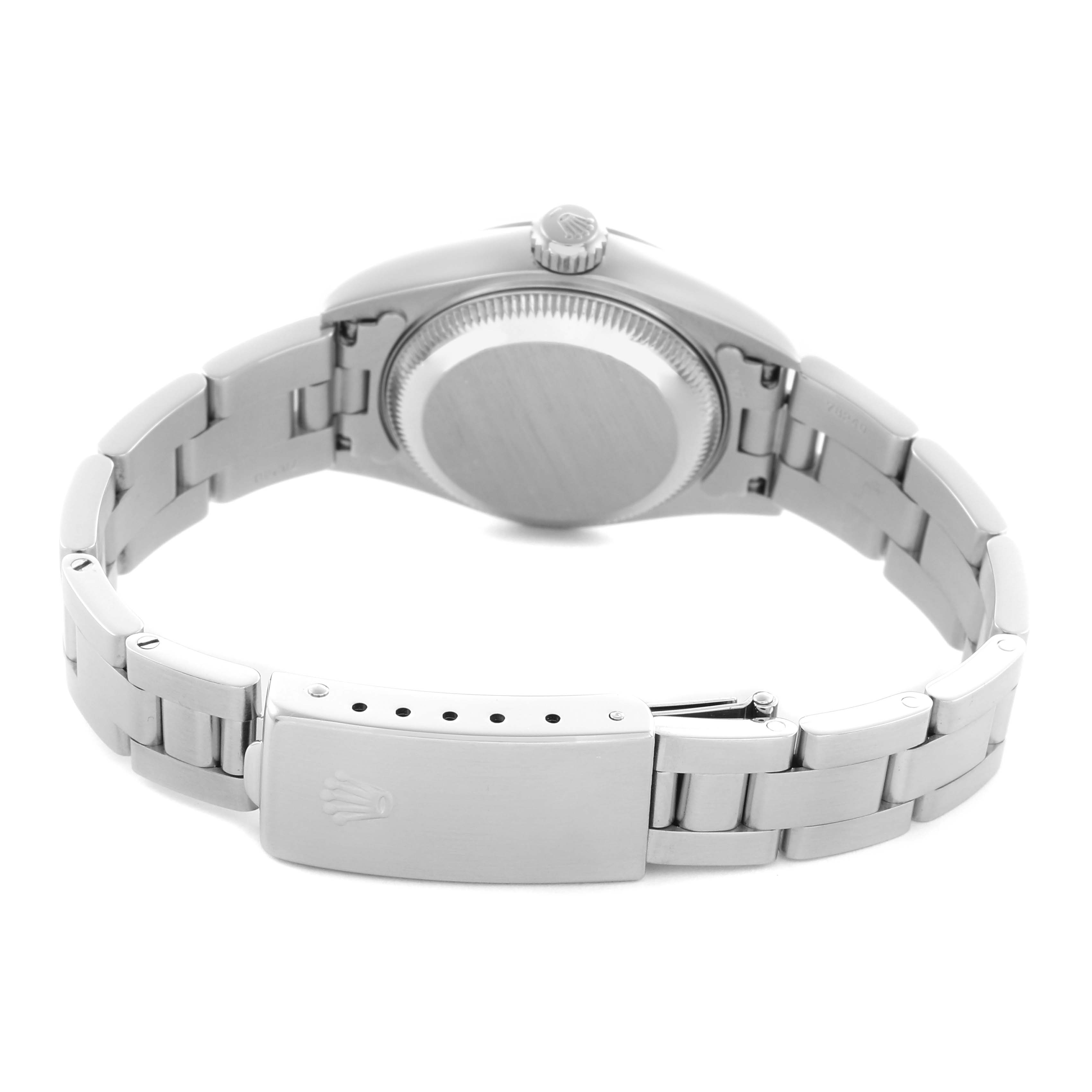 The Rolex Date 79190 Women
s Stainless Steel Silver Dial 79190 Women
s Stainless Steel Silver Dial watch is shown from the back, highlighting the case, clasp, and bracelet.