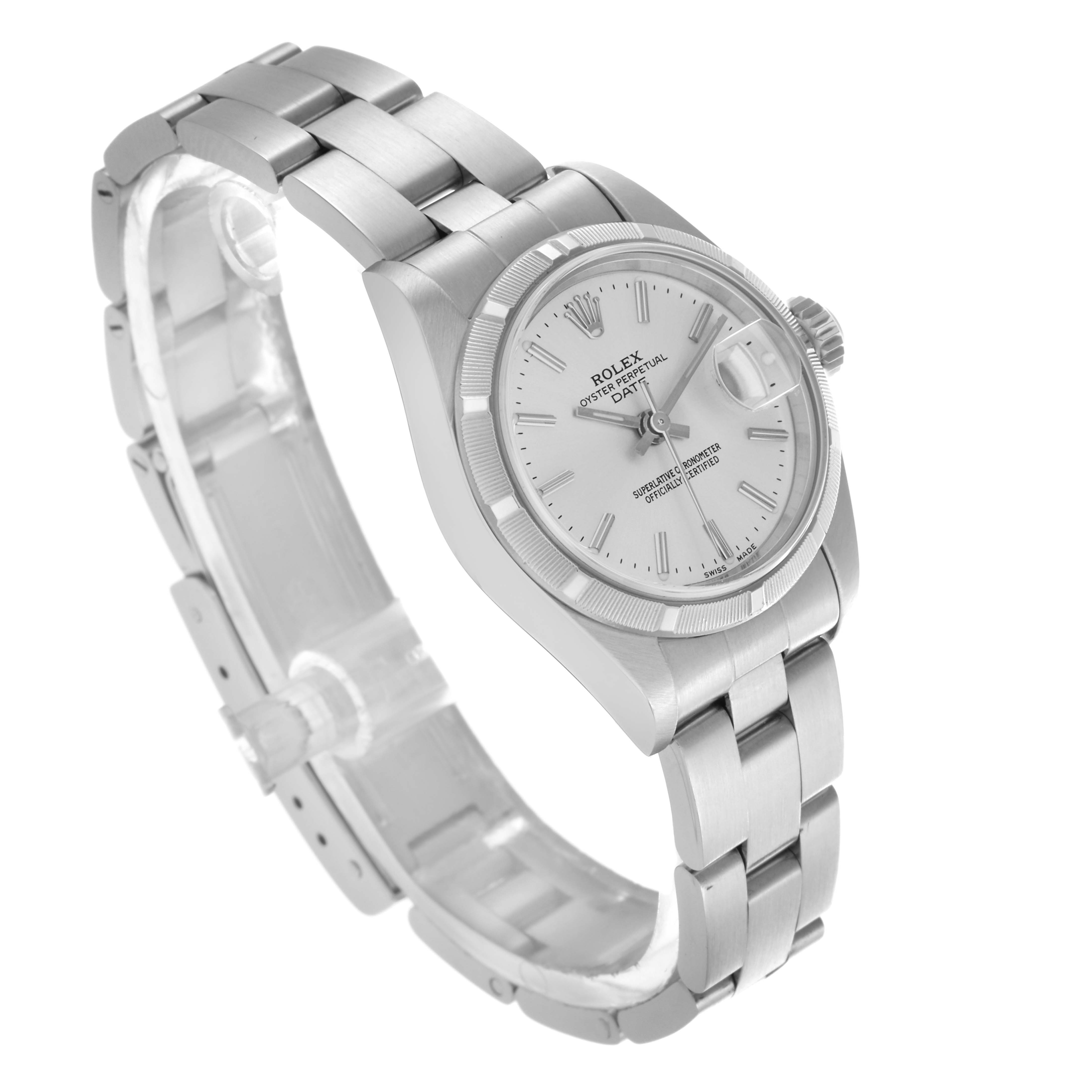The Rolex Date 79190 Women
s Stainless Steel Silver Dial 79190 Women
s Stainless Steel Silver Dial watch is shown at a three-quarter angle, displaying the dial, bracelet, crown, and part of the clasp.