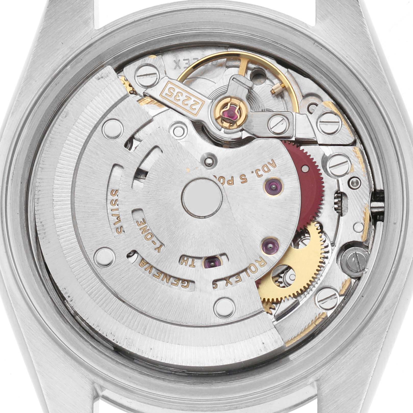 The image shows the back view of a Rolex Date 79190 Women
s Stainless Steel Silver Dial 79190 Women
s Stainless Steel Silver Dial watch, displaying its intricate movement and internal components.