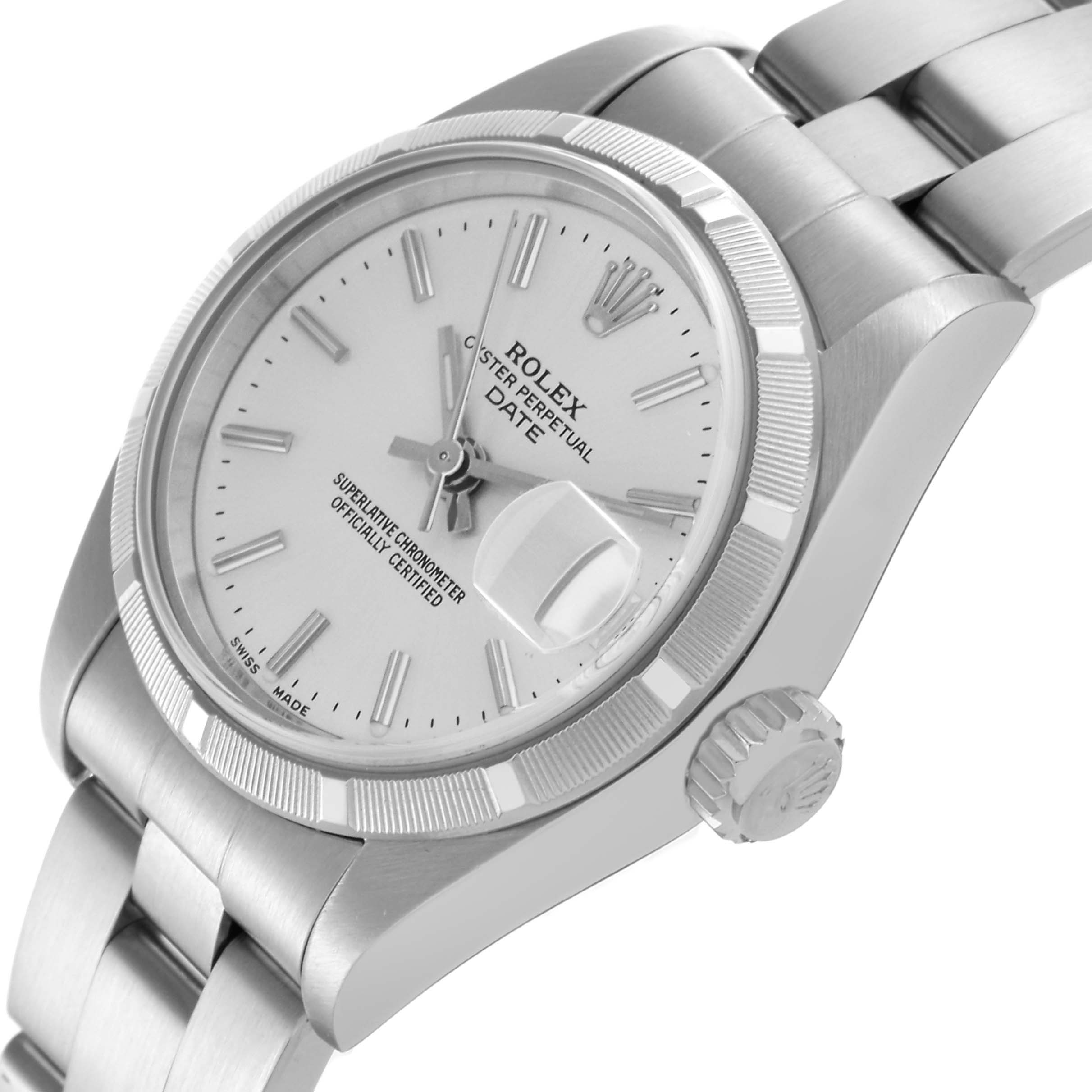 The Rolex Date 79190 Women
s Stainless Steel Silver Dial 79190 Women
s Stainless Steel Silver Dial watch is shown at a three-quarter angle, highlighting the dial, bezel, crown, and part of the bracelet.