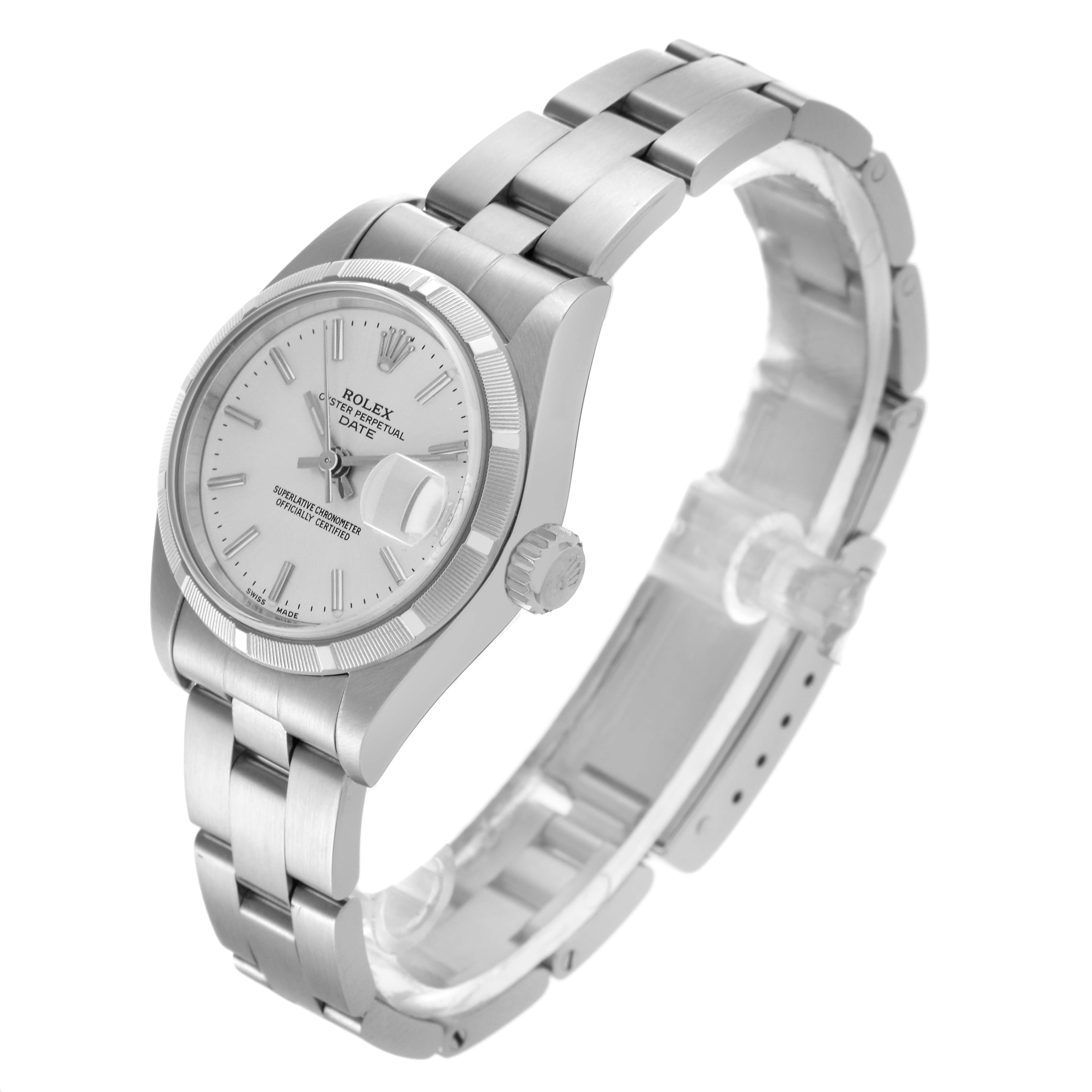 The Rolex Date 79190 Women
s Stainless Steel Silver Dial 79190 Women
s Stainless Steel Silver Dial watch is shown from a high oblique angle, displaying the dial, bezel, case, crown, and bracelet.