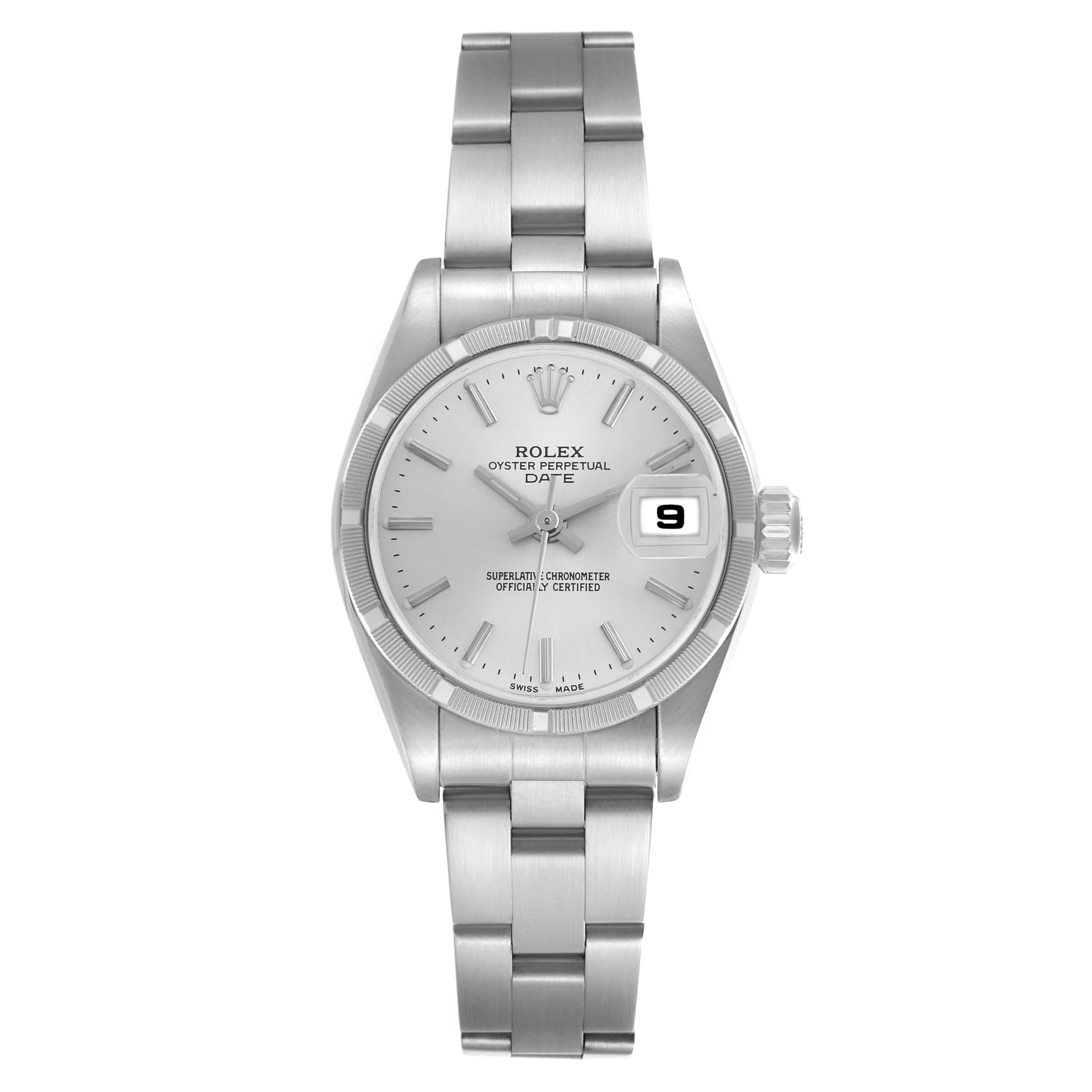 The Rolex Date 79190 Women
s Stainless Steel Silver Dial 79190 Women
s Stainless Steel Silver Dial model watch is shown from a top-down angle, displaying the bracelet, face, and date window.