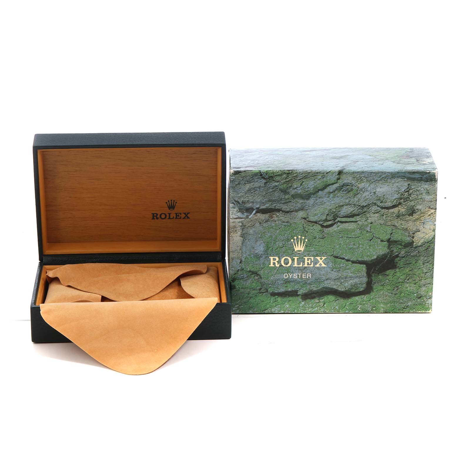 The image shows an open Rolex Date 15210 Men's Stainless Steel Silver Dial watch box with a protective cloth and a closed outer packaging box.