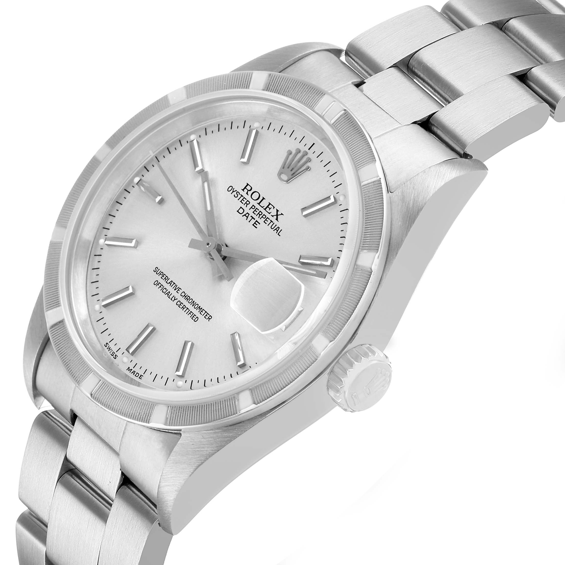 The Rolex Date 15210 Men's Stainless Steel Silver Dial model is shown at an angle highlighting the dial, bezel, crown, and part of the bracelet.