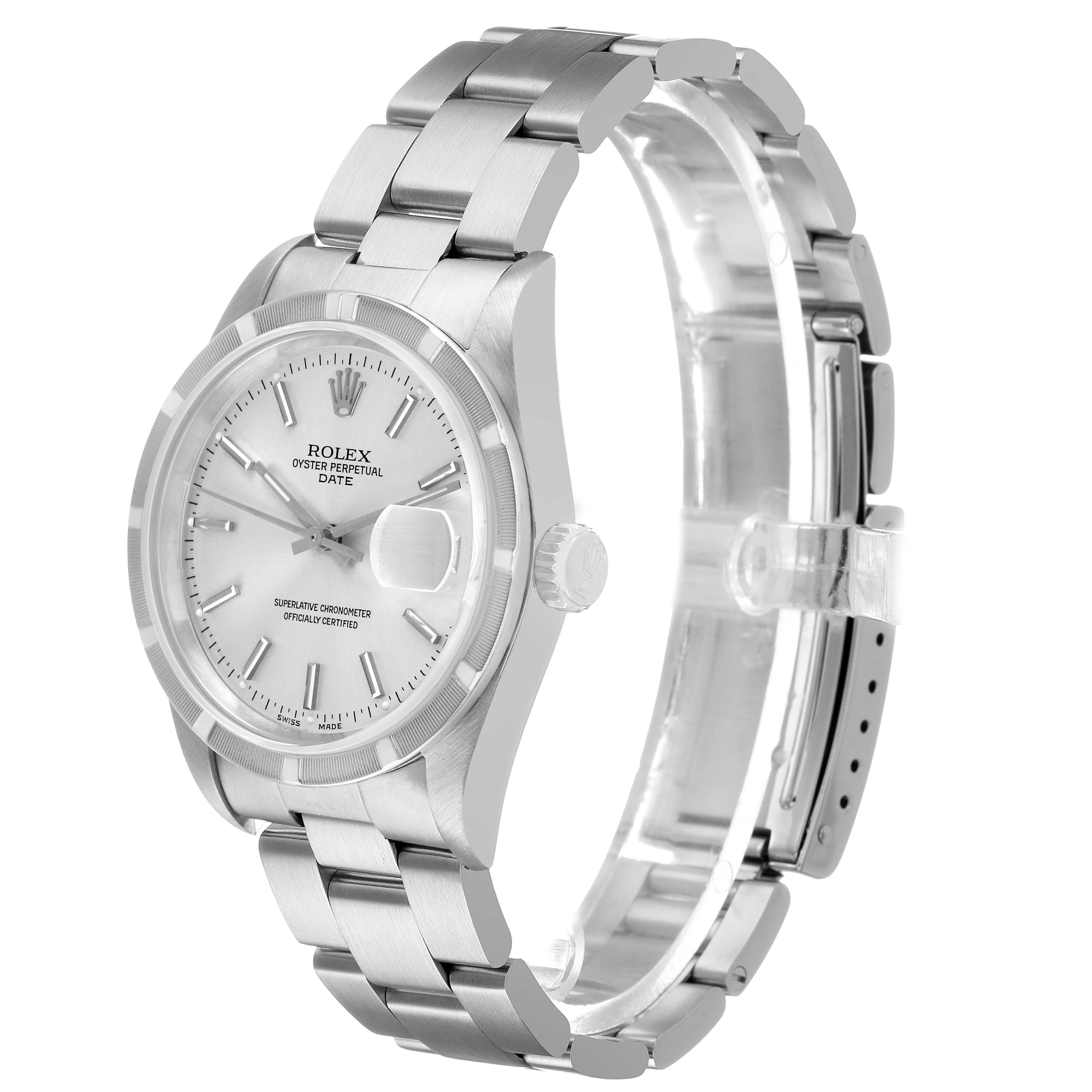 The Rolex Date 15210 Men's Stainless Steel Silver Dial watch is shown from a three-quarter angle highlighting the face, bezel, and bracelet.
