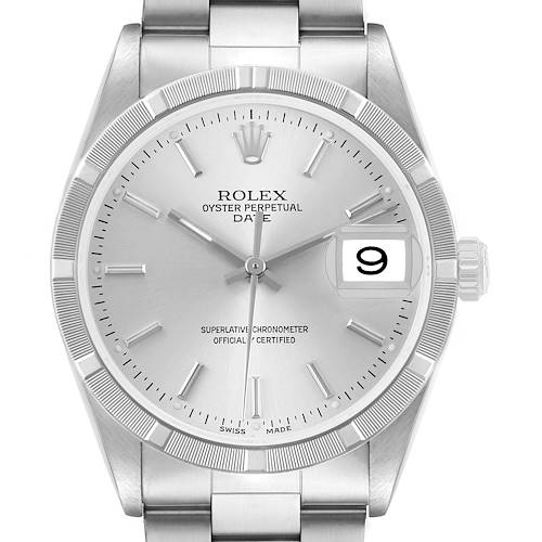 The Rolex Date 15210 Men's Stainless Steel Silver Dial model watch is shown from the front, displaying the dial, bezel, and part of the bracelet.