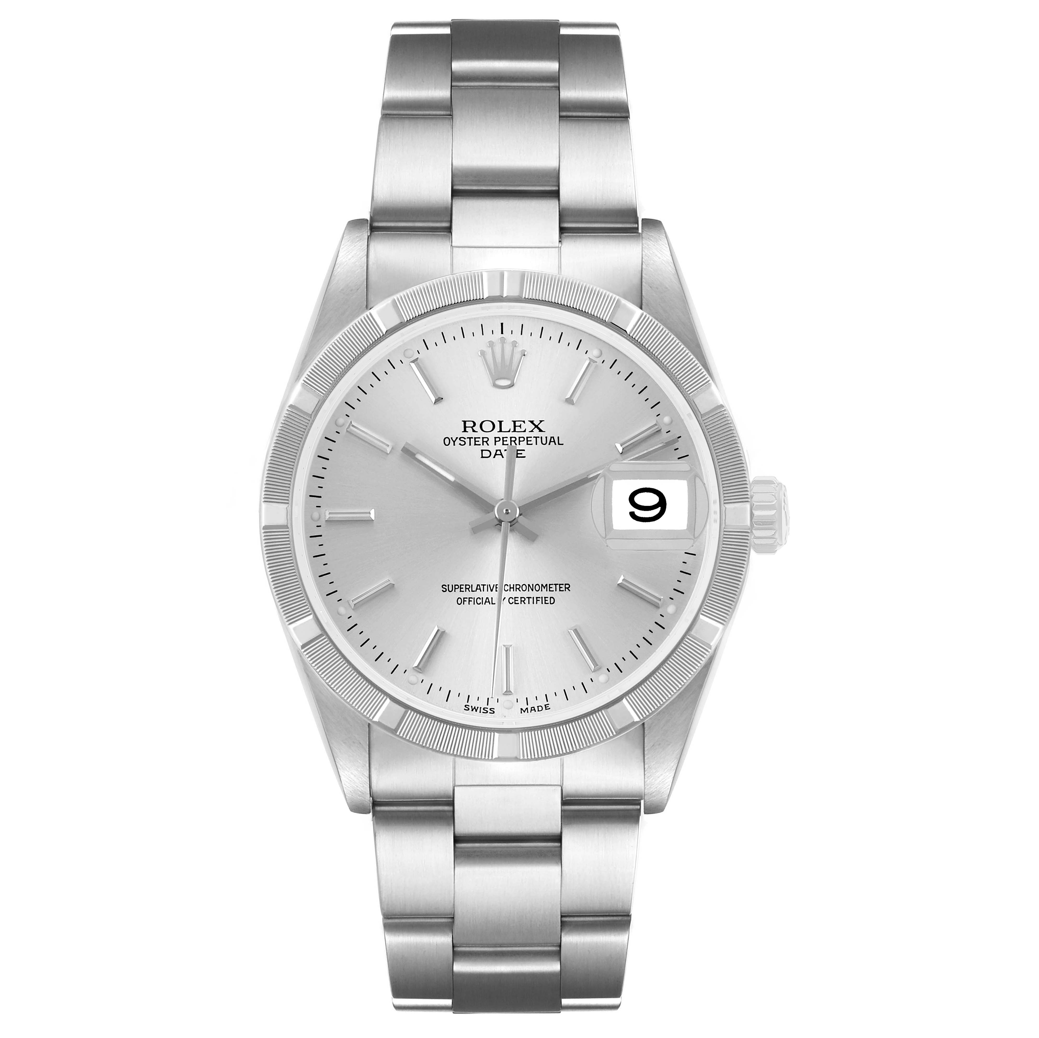 The Rolex Date 15210 Men's Stainless Steel Silver Dial watch is shown from a top view, displaying its face, bezel, and bracelet.