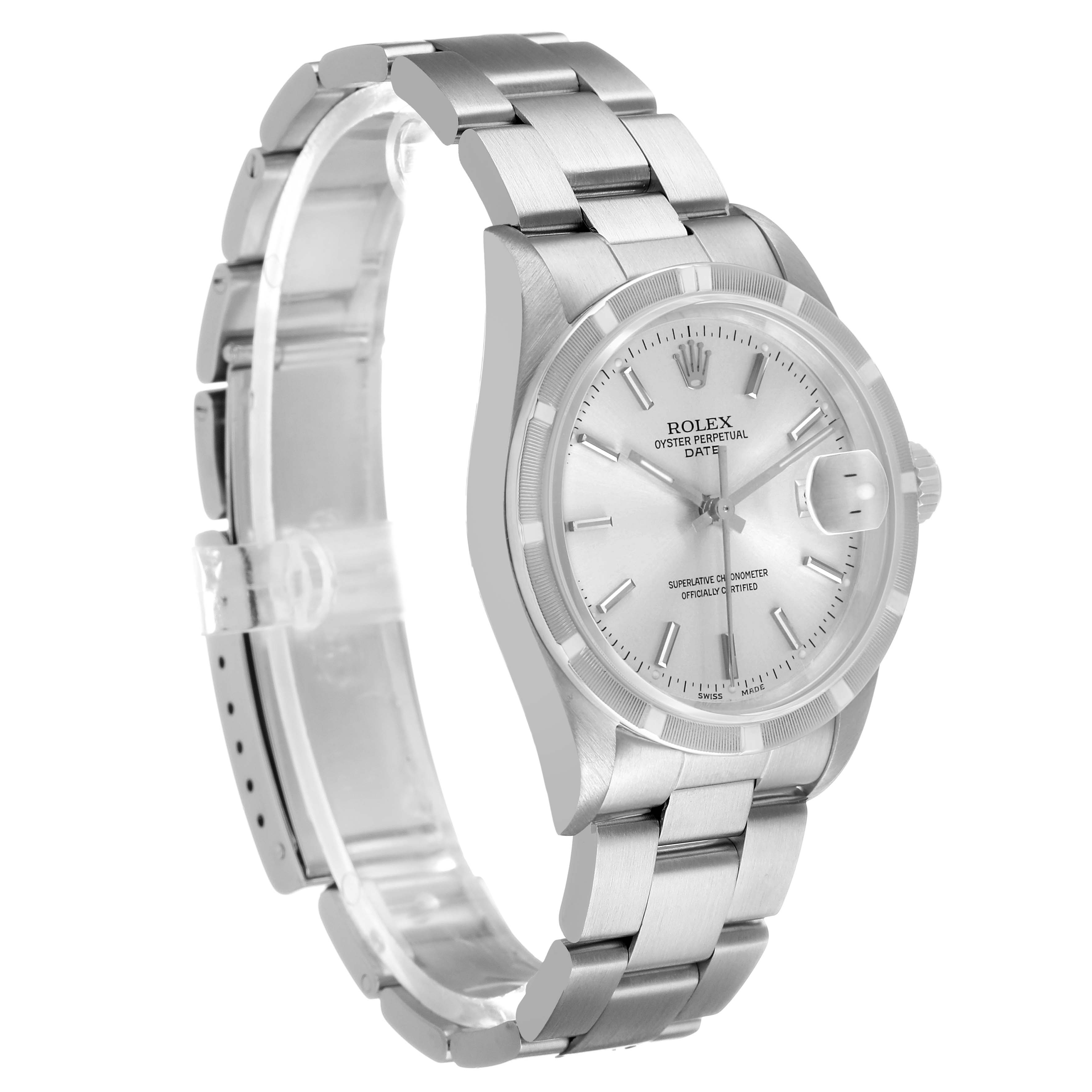 The Rolex Date 15210 Men's Stainless Steel Silver Dial watch is shown at a three-quarter angle, displaying the dial, bracelet, and crown.