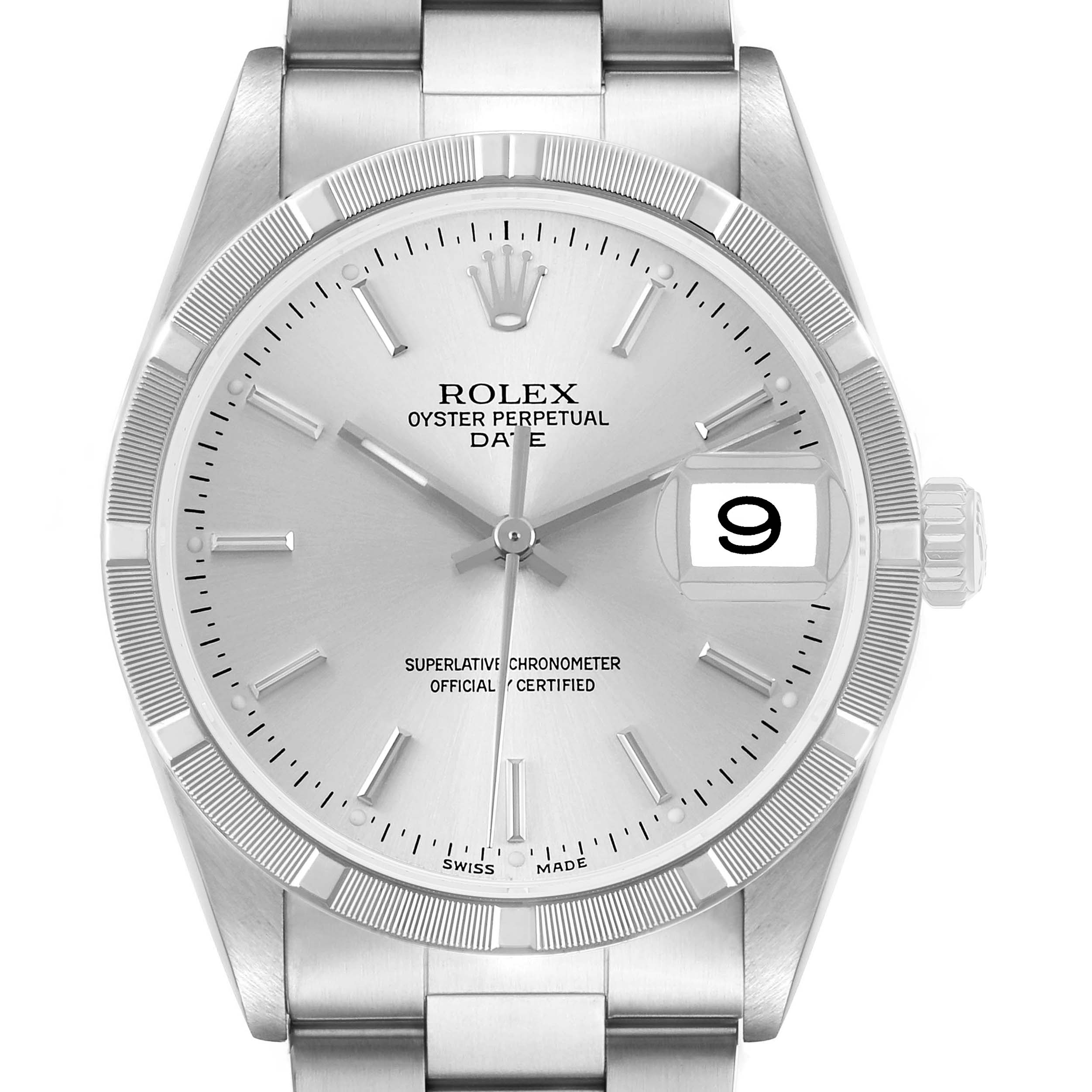 The image shows a front view of the Rolex Date 15210 Men's Stainless Steel Silver Dial model watch, highlighting the dial, bezel, and bracelet.