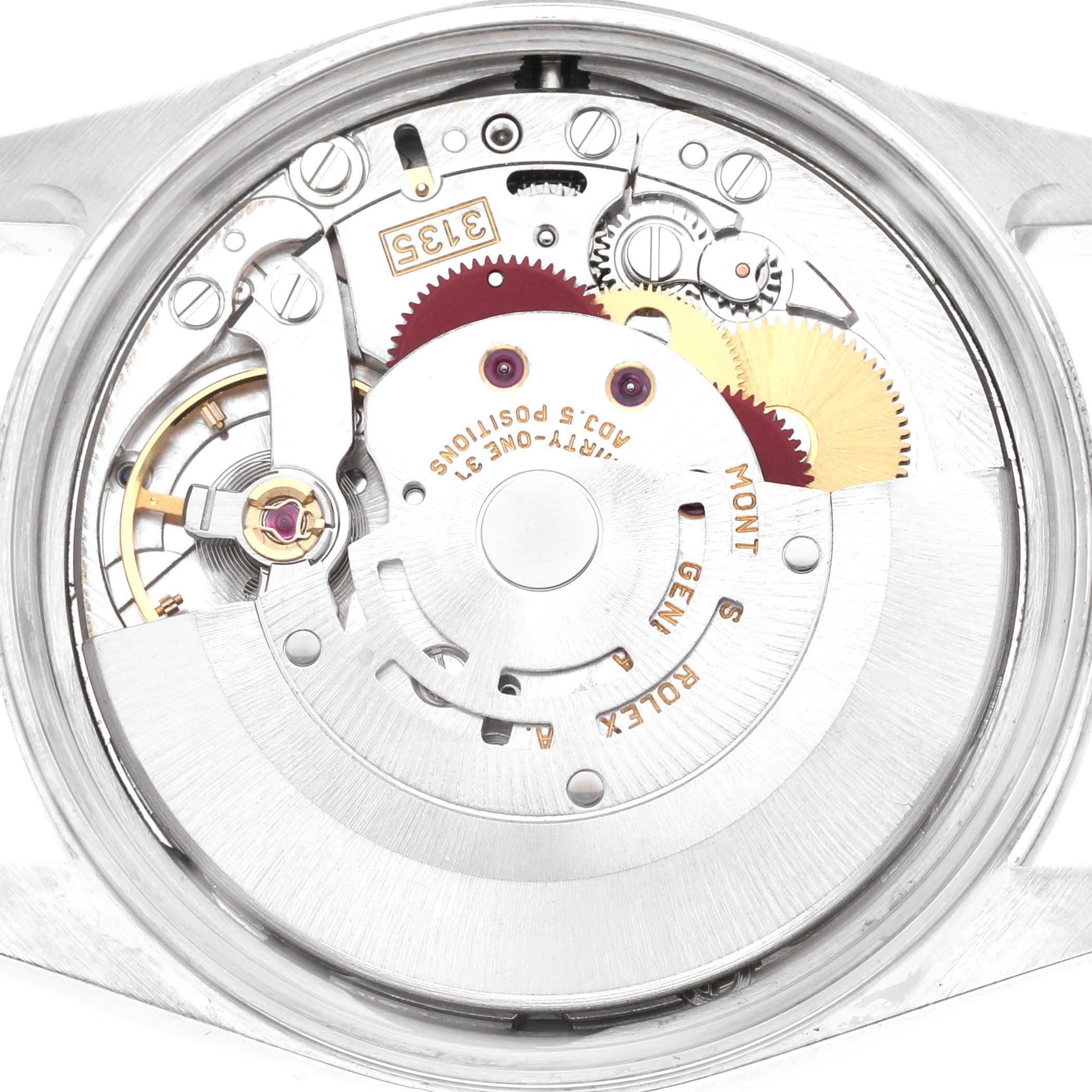 The image shows the internal mechanism of a Rolex Date 15200 Men's Stainless Steel Silver Dial model watch from the back, highlighting gears and the balance wheel.