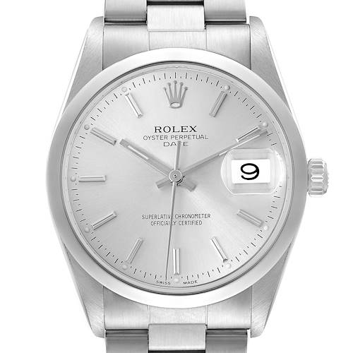 The Rolex Date 15200 Men's Stainless Steel Silver Dial watch is shown from a front angle, highlighting the dial, crown, and bracelet.