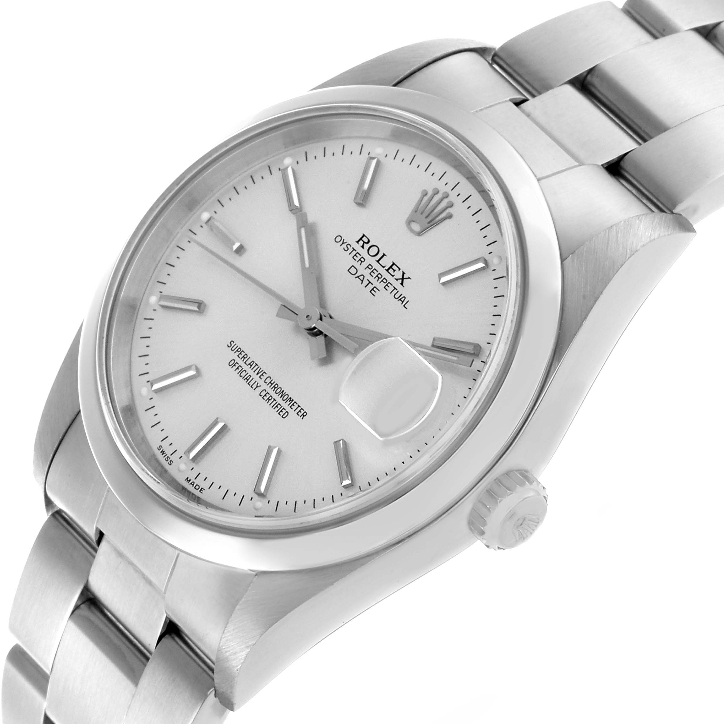 The Rolex Date 15200 Men's Stainless Steel Silver Dial model is shown at a slight angle, displaying the dial, bracelet, crown, and the prominent date magnifier.