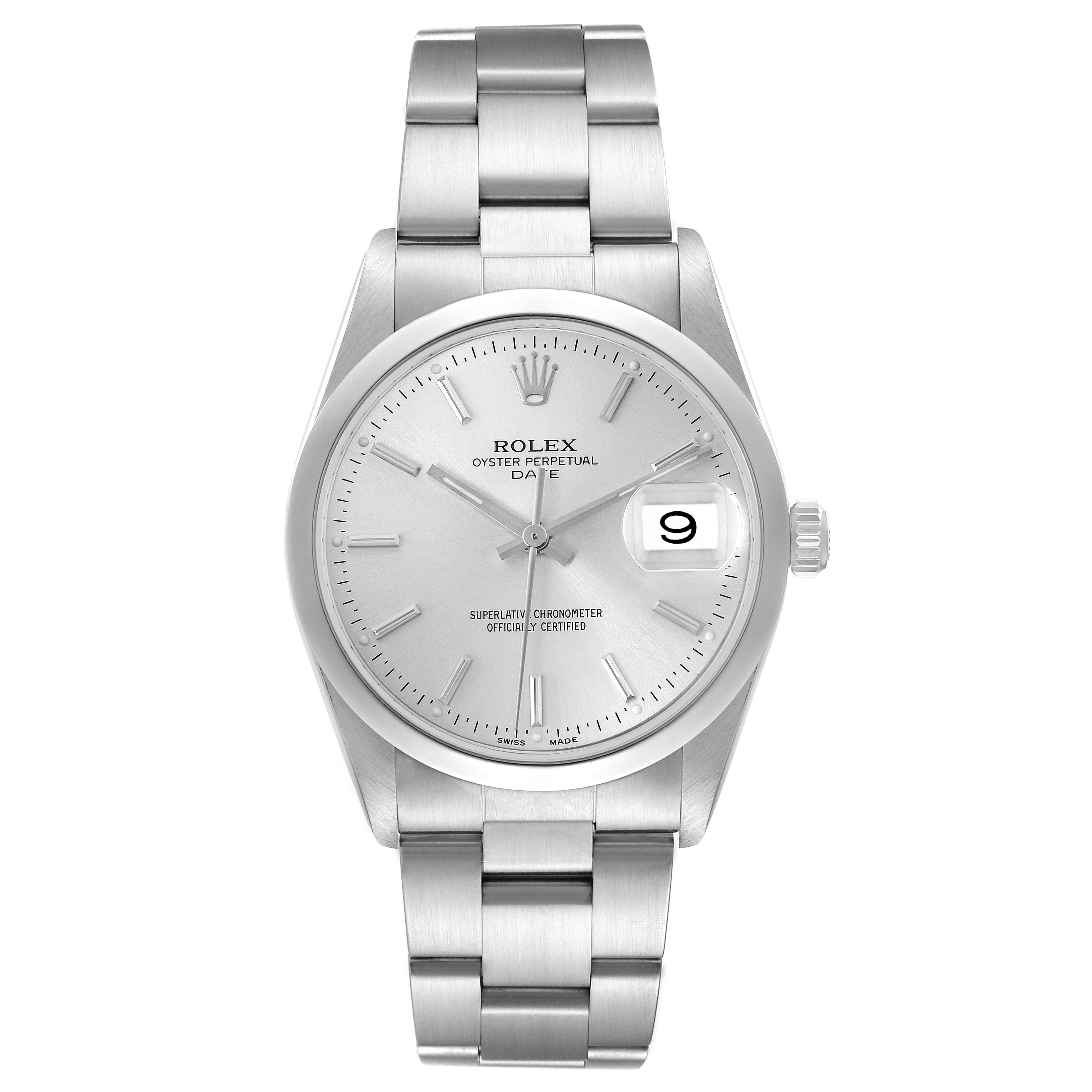 The Rolex Date 15200 Men's Stainless Steel Silver Dial watch is shown from the front, displaying the dial, hour markers, hands, date window, and bracelet.