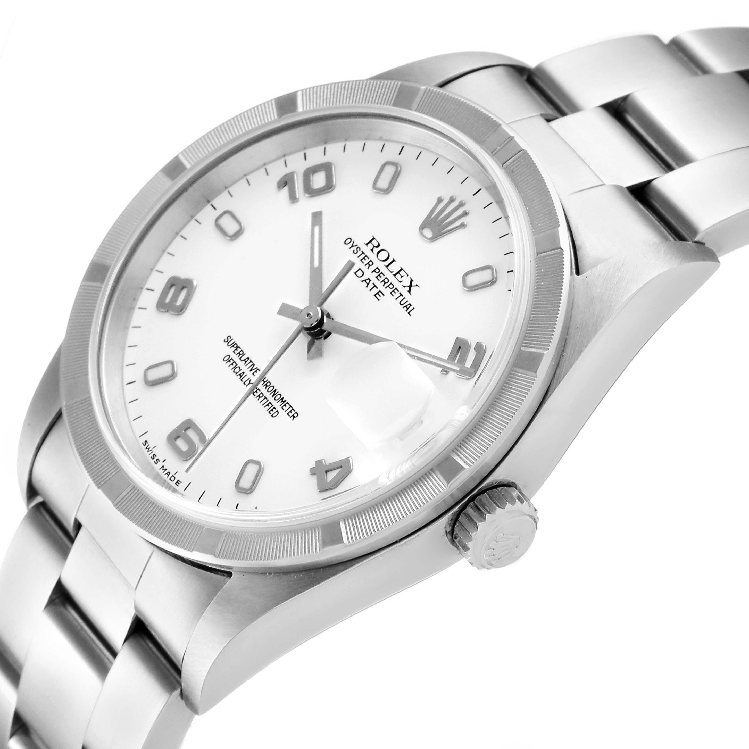 The image shows an angled view of a Rolex Date 15210 Men's Stainless Steel White Dial 15210 Men's Stainless Steel White Dial model watch focusing on the dial, case, crown, and part of the bracelet.