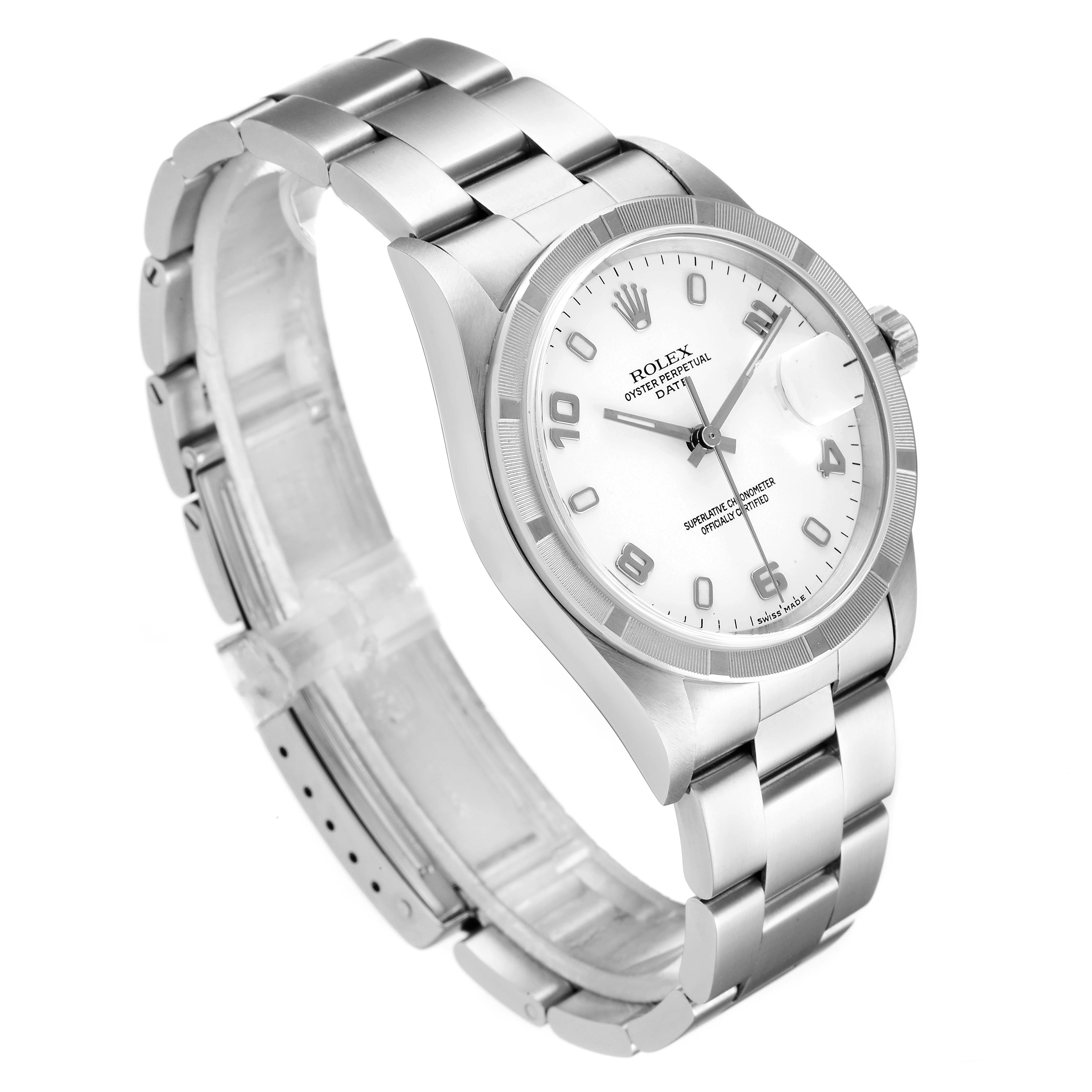 This image shows the front and side view of the Rolex Date 15210 Men's Stainless Steel White Dial 15210 Men's Stainless Steel White Dial model watch, highlighting the dial, bezel, and bracelet.