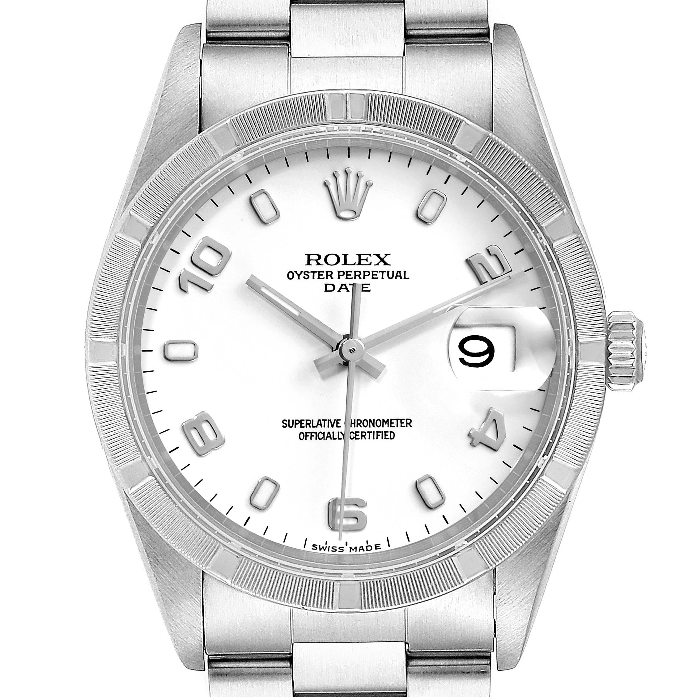 This image shows a front view of a Rolex Oyster Perpetual Date watch, highlighting the dial, bezel, crown, and bracelet.