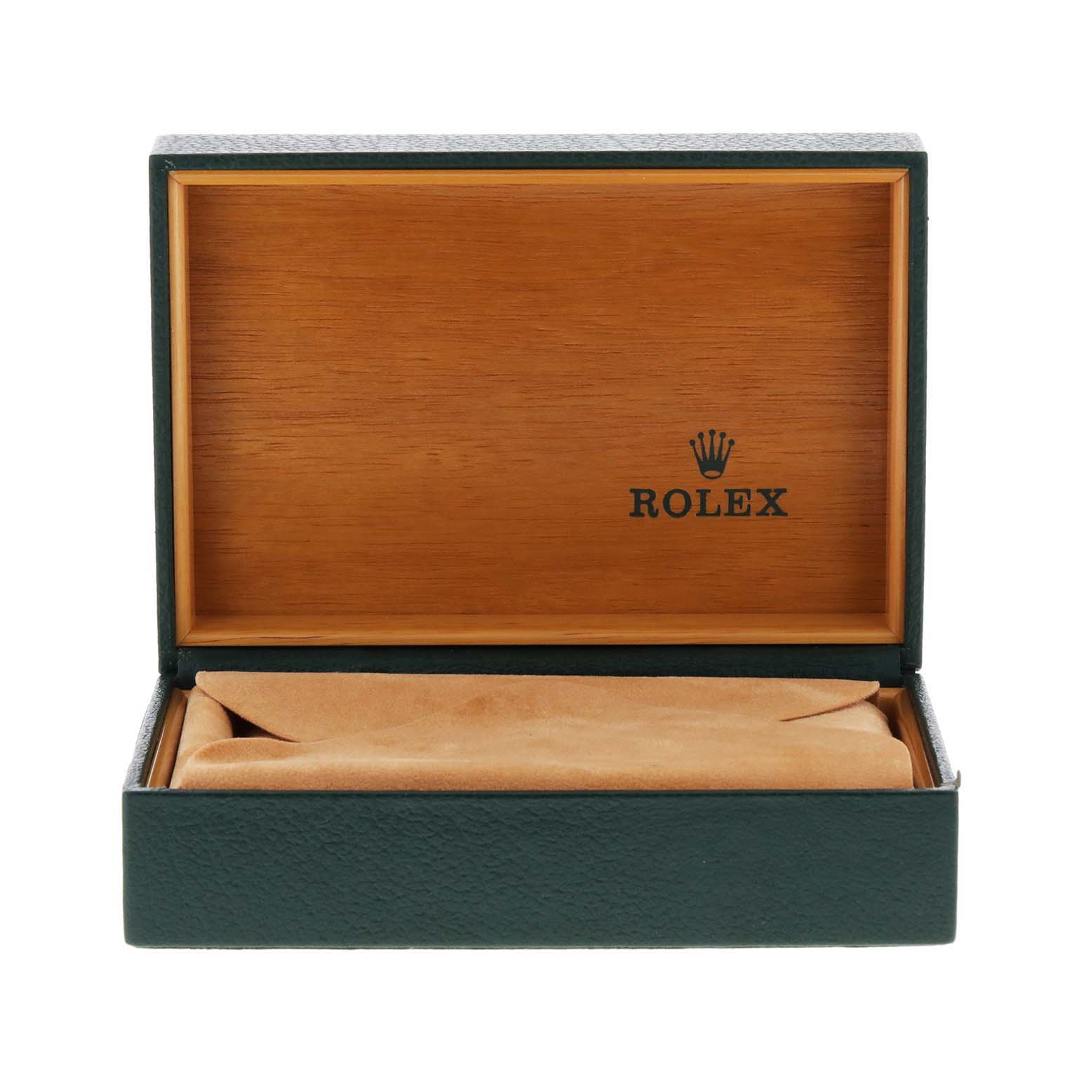The image shows an open Rolex watch box for the Date model, revealing its interior with the Rolex logo.