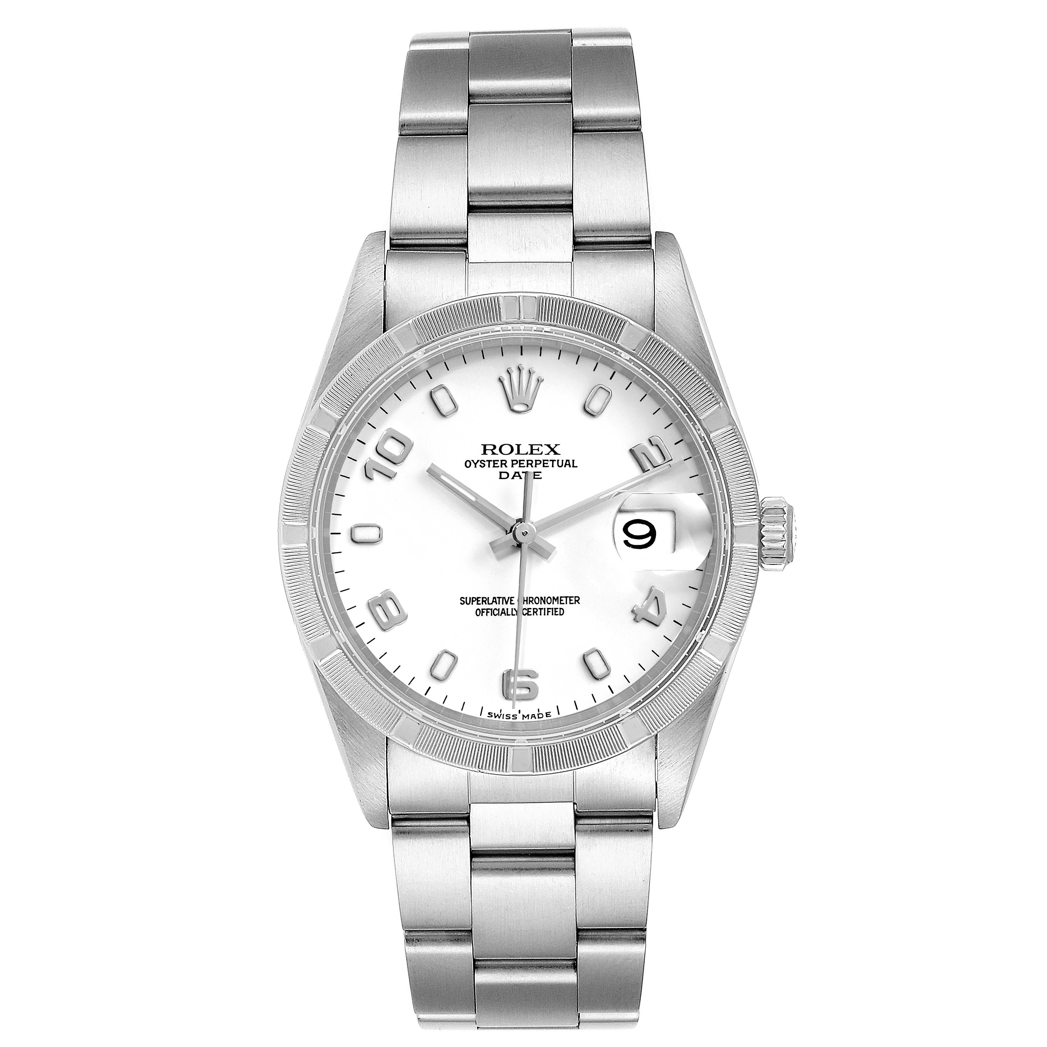 The Rolex Date 15210 Men's Stainless Steel White Dial 15210 Men's Stainless Steel White Dial model watch is shown from a top view, displaying the watch face, hands, hour markers, bezel, and bracelet.