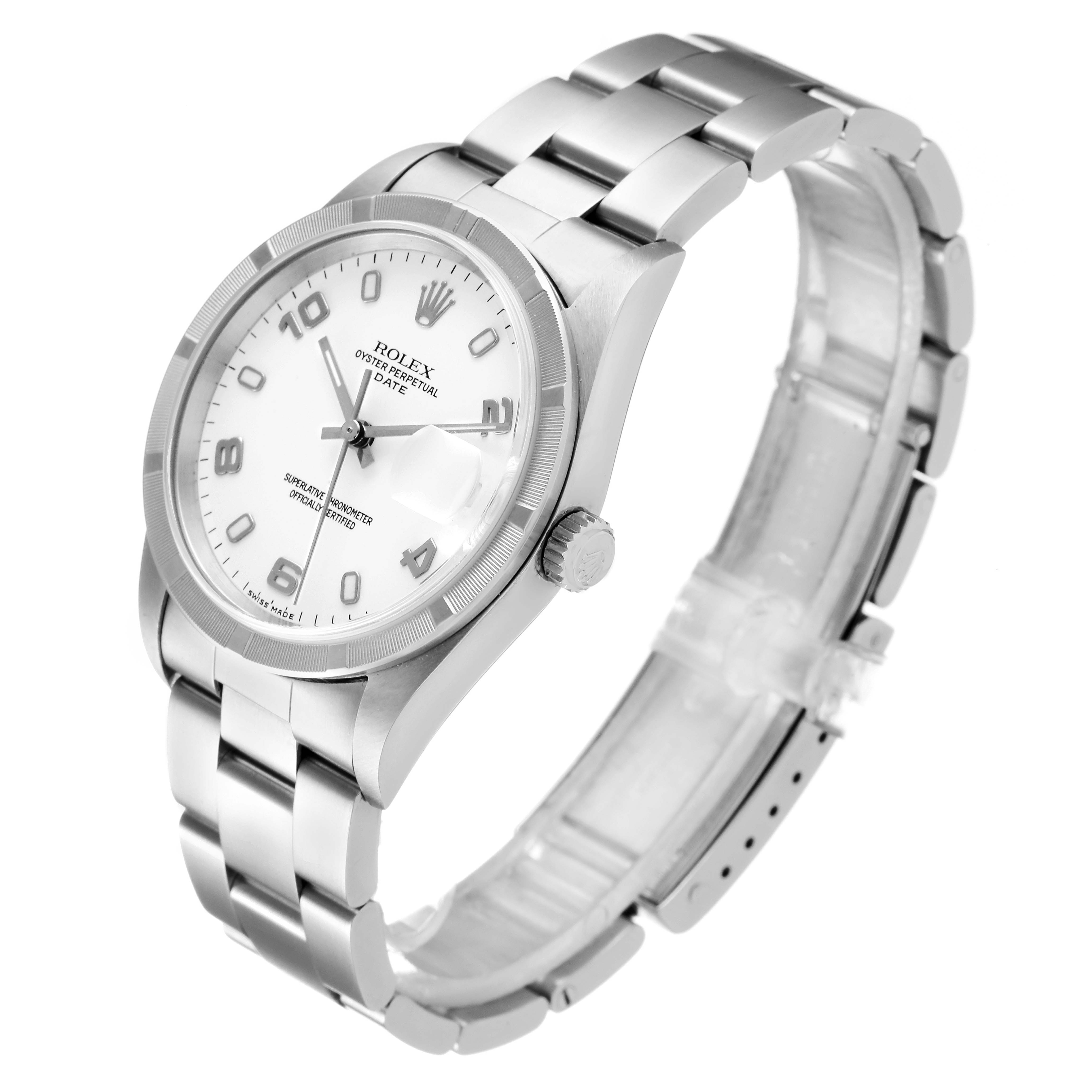 The image shows a Rolex Date 15210 Men's Stainless Steel White Dial 15210 Men's Stainless Steel White Dial model watch from an angled view highlighting the face, bezel, crown, and bracelet.