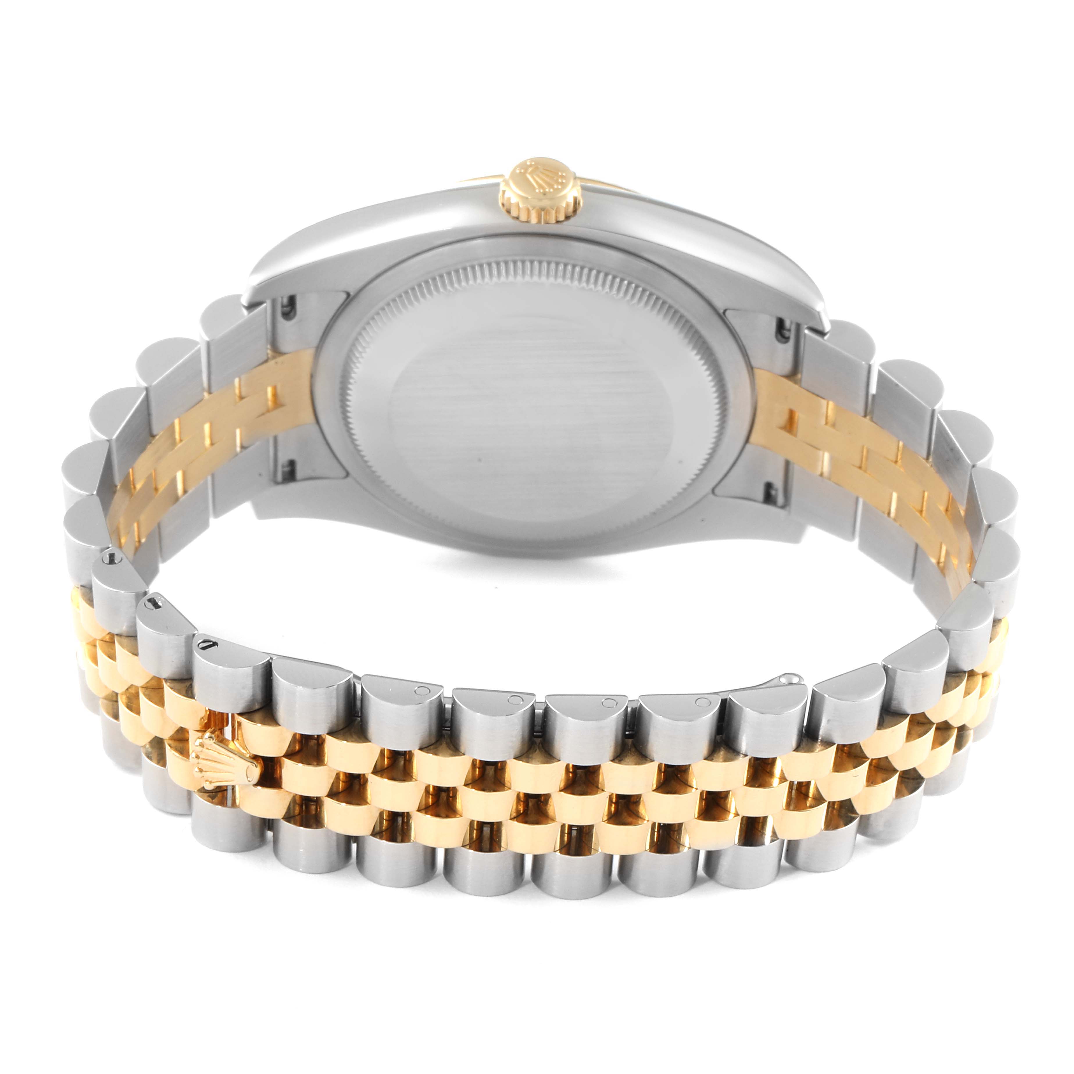 This image shows the back and bracelet of a Rolex Datejust 116233 Men's Steel and Gold (two tone) Black Dial 116233 Men's Steel and Gold (two tone) Black Dial watch featuring a two-tone design with silver and gold links.