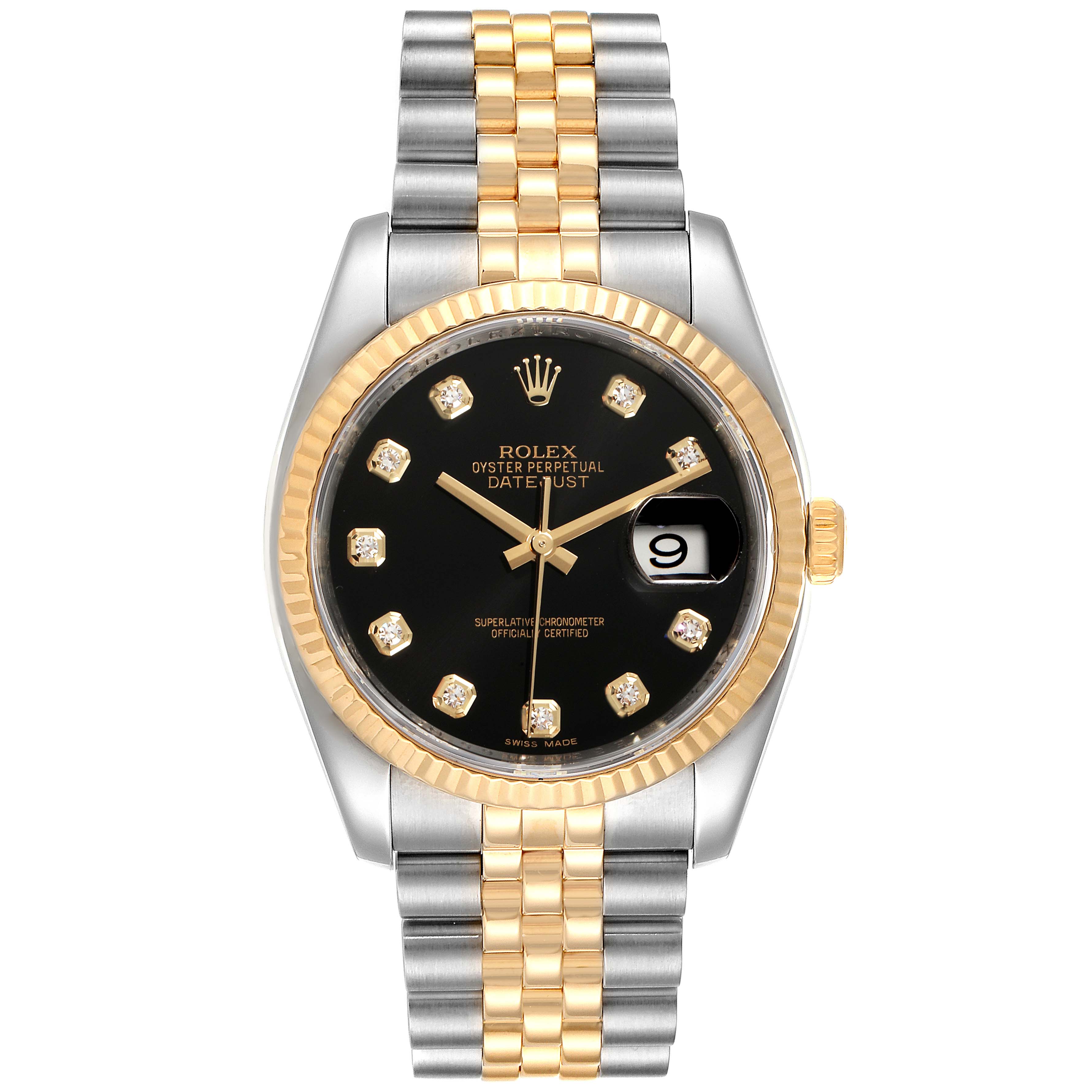 This image shows a front view of a Rolex Datejust 116233 Men's Steel and Gold (two tone) Black Dial 116233 Men's Steel and Gold (two tone) Black Dial watch, highlighting its dial, bezel, and jubilee bracelet.