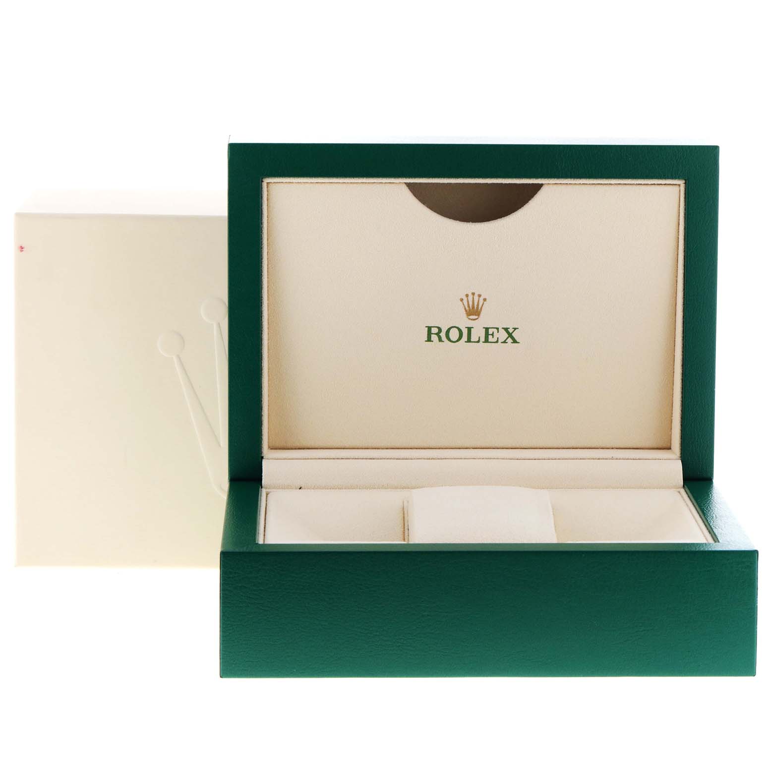 The image shows an empty Rolex Datejust 116233 Men's Steel and Gold (two tone) Black Dial 116233 Men's Steel and Gold (two tone) Black Dial watch box, open, with the interior featuring the Rolex logo.
