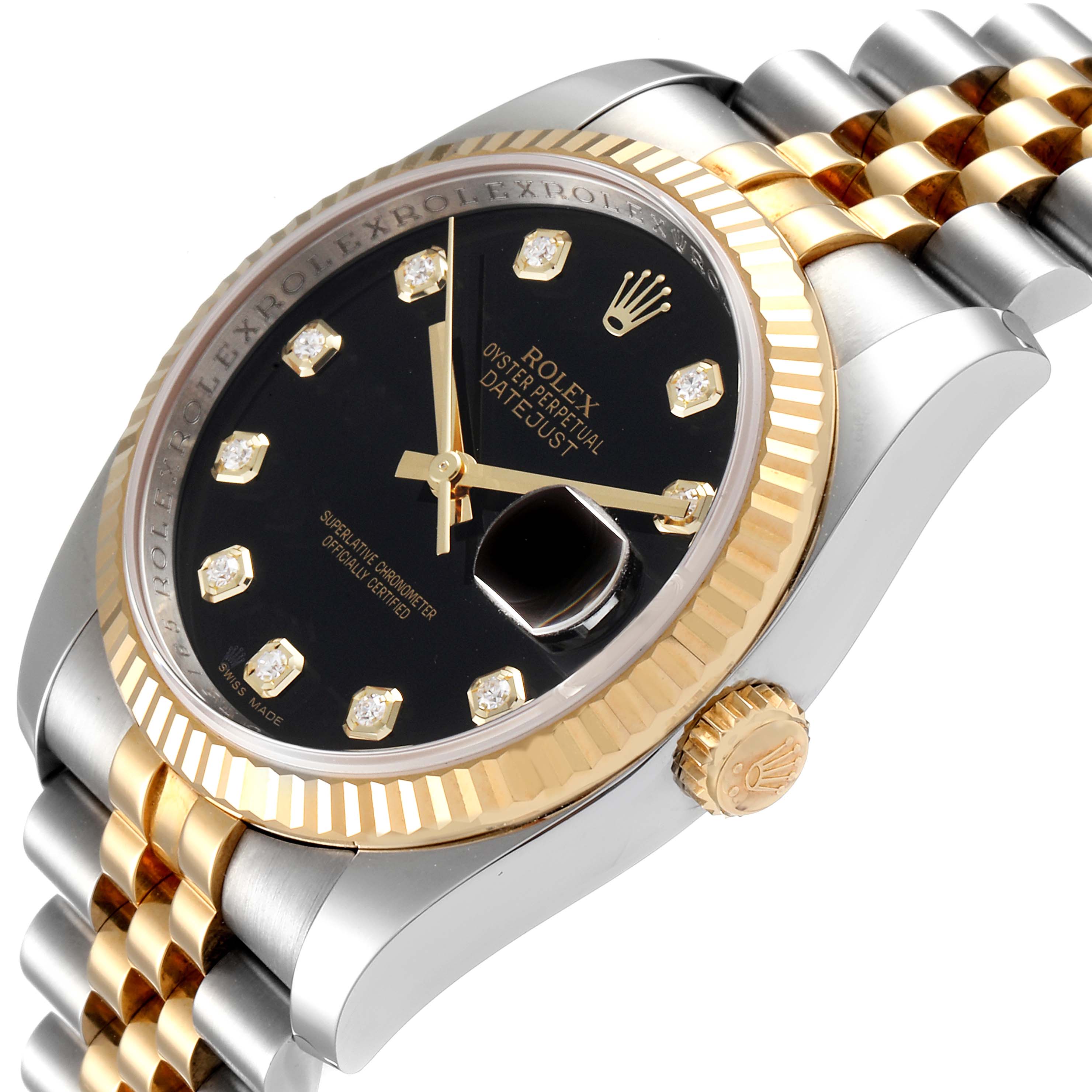 This image shows a close-up, angled view of the Rolex Datejust 116233 Men's Steel and Gold (two tone) Black Dial 116233 Men's Steel and Gold (two tone) Black Dial watch, highlighting the dial, bezel, crown, and bracelet.