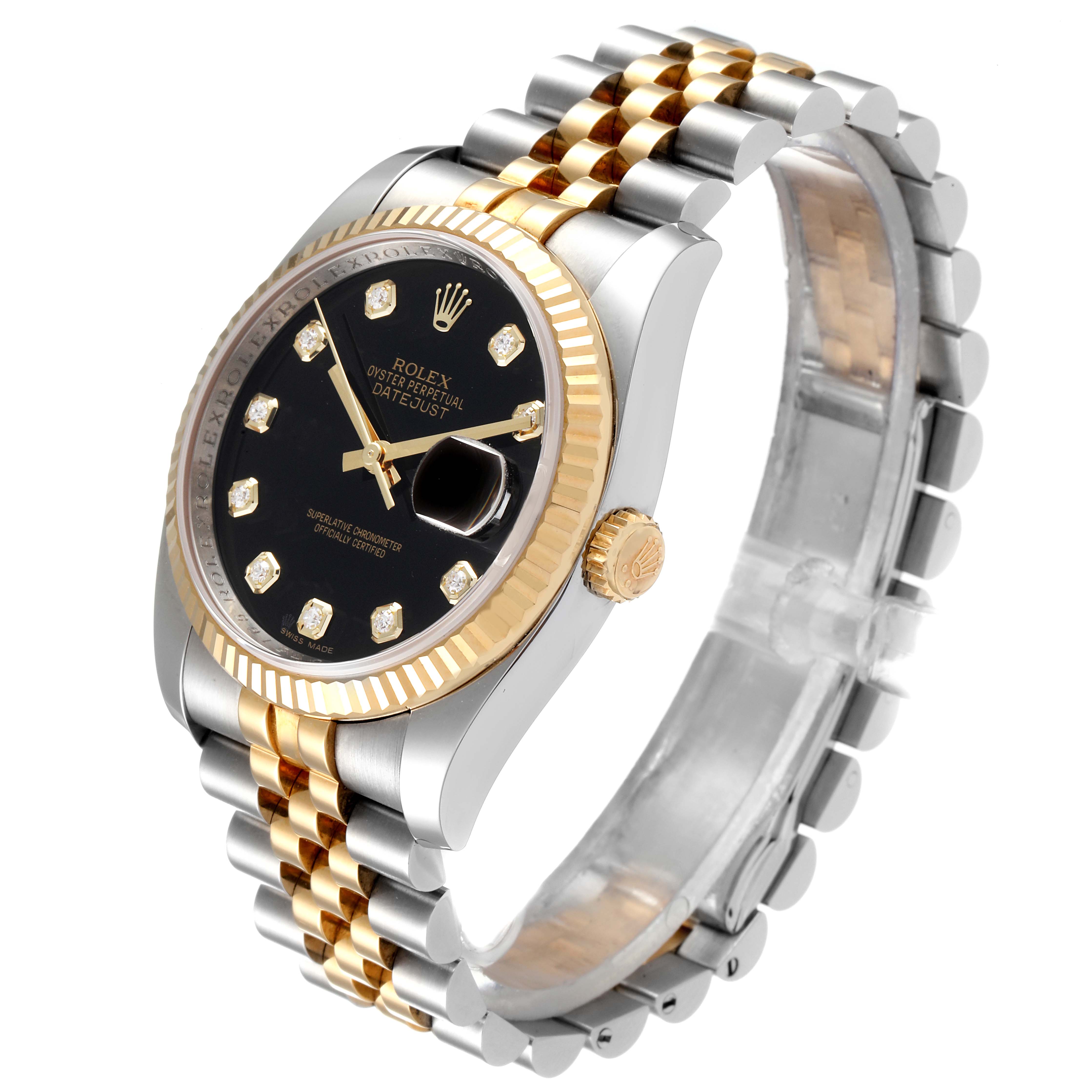 The image shows a Rolex Datejust 116233 Men's Steel and Gold (two tone) Black Dial 116233 Men's Steel and Gold (two tone) Black Dial watch at an angled view showcasing the face, fluted bezel, crown, and two-tone bracelet.