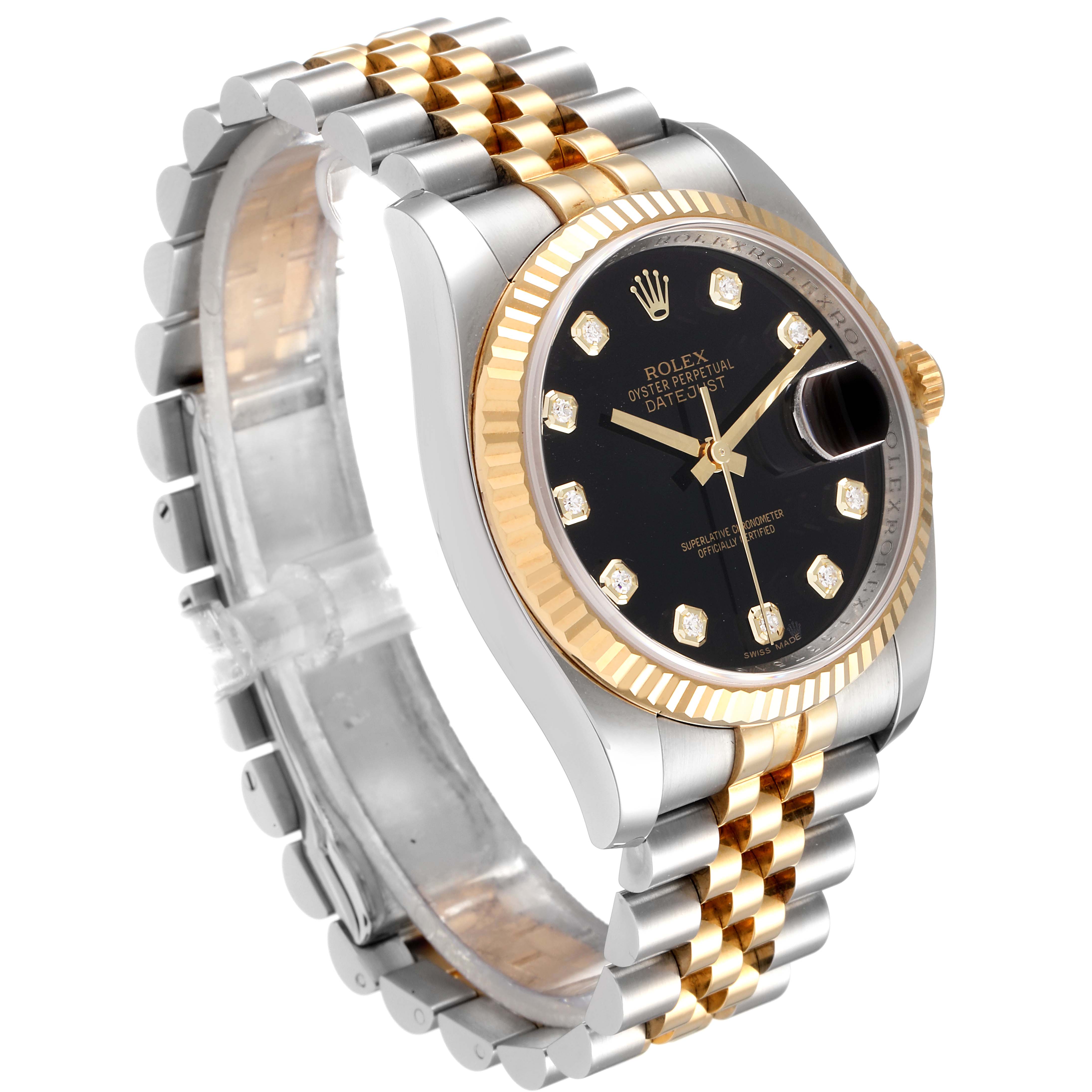The image shows a Rolex Datejust 116233 Men's Steel and Gold (two tone) Black Dial 116233 Men's Steel and Gold (two tone) Black Dial watch angled slightly from the side, highlighting its black dial, gold fluted bezel, and two-tone Jubilee bracelet.