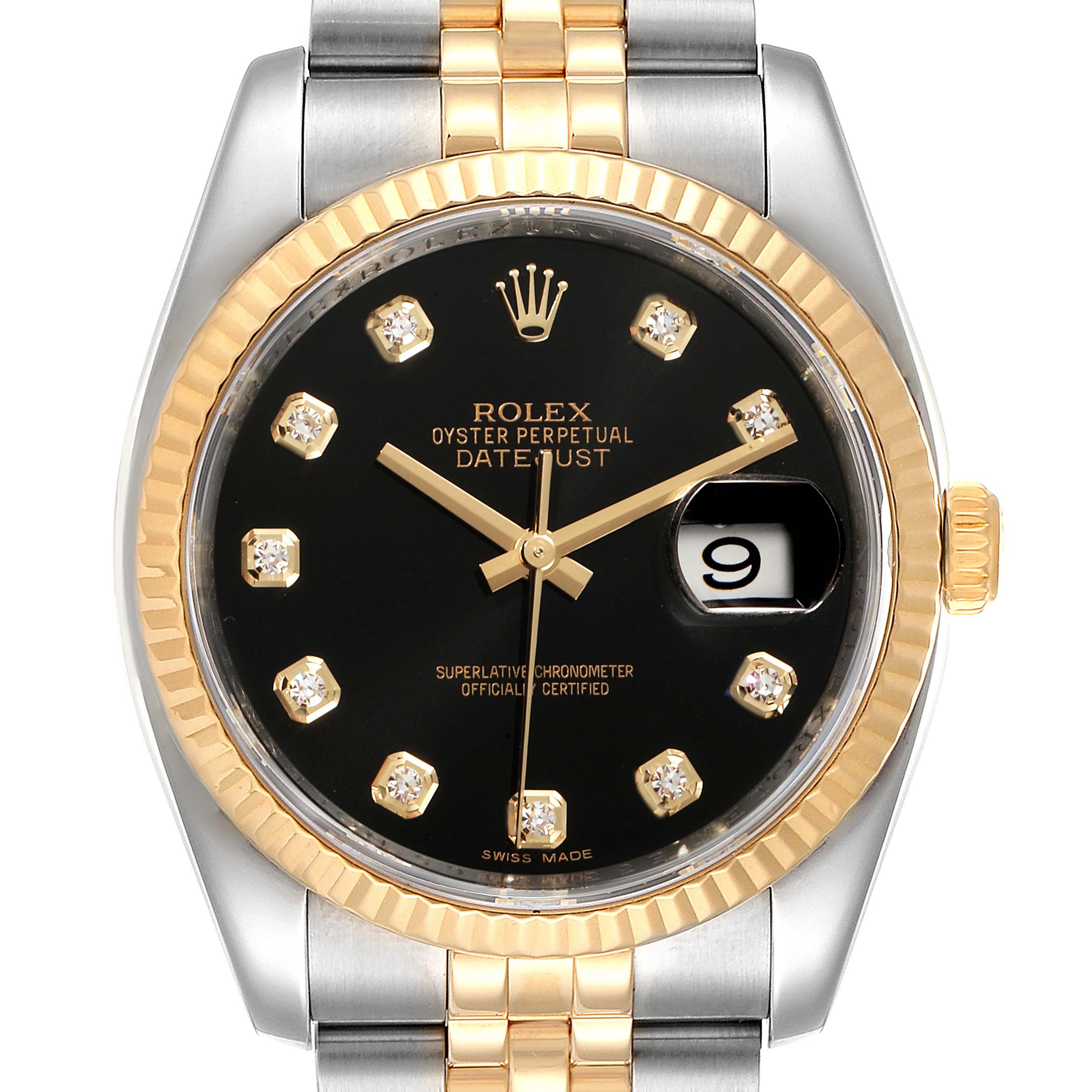 The image shows a frontal view of a Rolex Datejust 116233 Men's Steel and Gold (two tone) Black Dial 116233 Men's Steel and Gold (two tone) Black Dial watch, highlighting the face, bezel, and part of the bracelet.