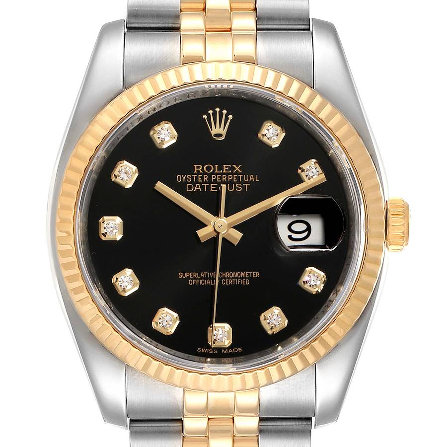 Rolex Datejust 18k Steel Yellow Gold Black Diamond Mens Watch 116233 SwissWatchExpo