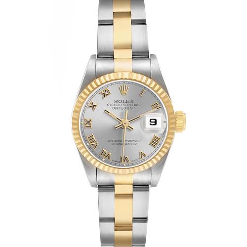 The Rolex Datejust 69173 Women's Stainless Steel Silver Dial watch is shown from a top-down angle, highlighting the dial, two-tone bracelet, and fluted bezel.
